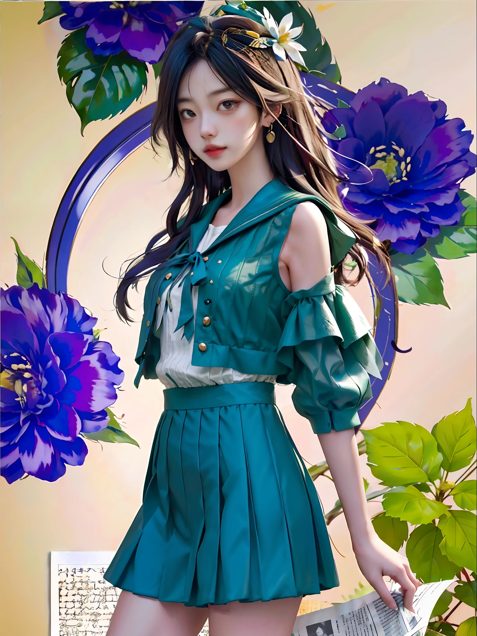 Collage by newspaper by Naruko Takao,background newspaper and letter sumbols,cute girl with sailor wear,dark green,summer flora,multi-layered season, multi-layered texture, multi-layered realism, multi-layered figure --niji 5