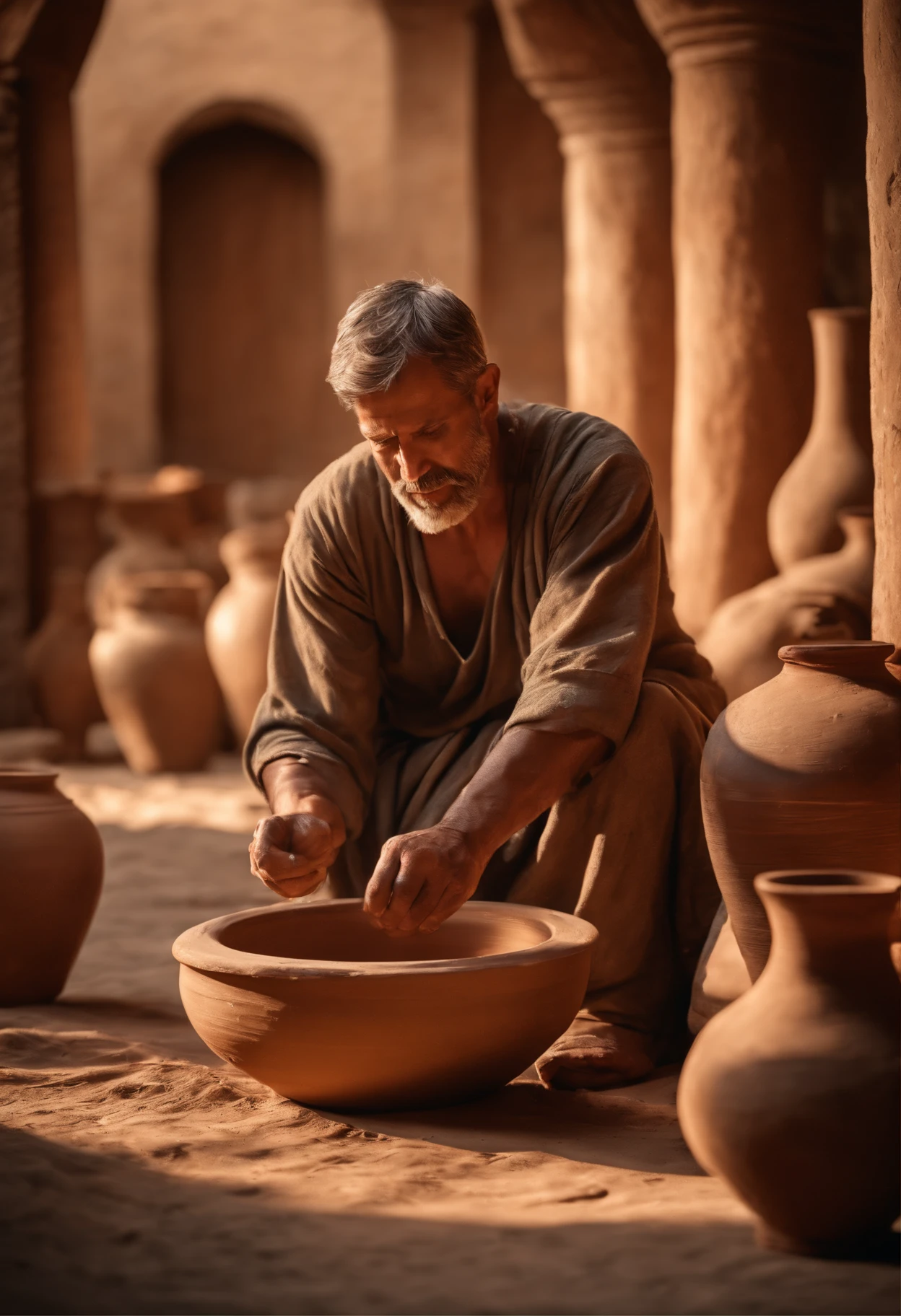 Photorealism of a man with a potter's wheel and a clay pot on the ground, epic biblical representation, Photo from professional camera, biblical art style, BIBLICAL IMAGES, oleiro, ceramic vase