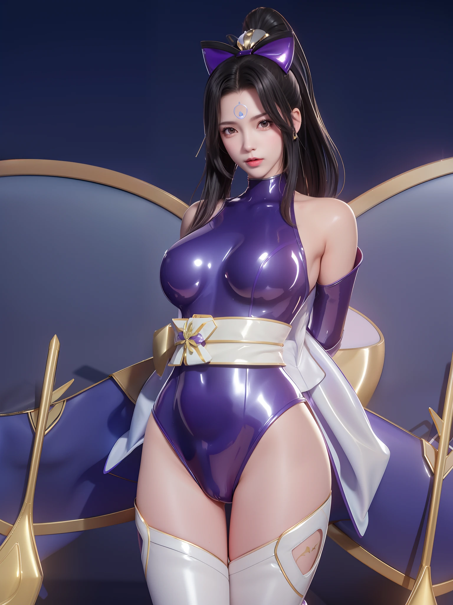 1girl, mature female, looking at viewer, cityscape, night, WZRYhuowuMY,hair ornament, sash, bow,jewelry, kimono, short skirt,forehead mark, hait stick,high ponytail, arms behind back, bare shoulders,Allalyn in shiny purple cat suit sitting on the floor, latex shiny, wearing atsuko kudo latex outfit, wearing tight suit, smooth purple skin, Purple body, shiny metallic glossy skin, shiny plastic, futuristic glossy latex suit, shiny plastic armor, shiny glossy skin, tight full body suit, Wearing latex, shiny and metallic, Glowing purple, Glossy　open one's legs　M-shaped legs　angry expressions　sullenness