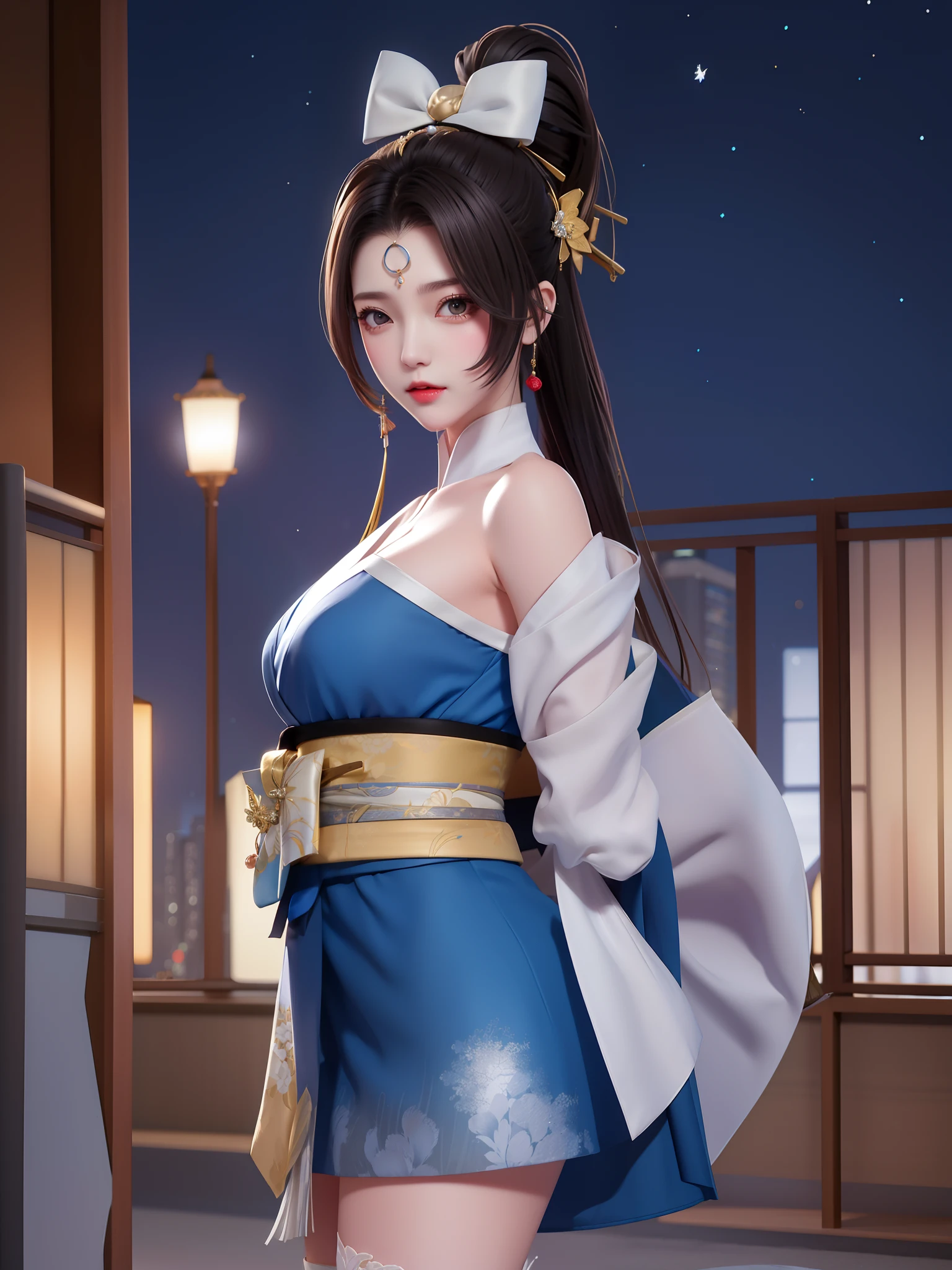 1girl, mature female, looking at viewer, cityscape, night, WZRYhuowuMY,hair ornament, sash, bow,jewelry, kimono, short skirt,forehead mark, hait stick,high ponytail, arms behind back, bare shoulders,