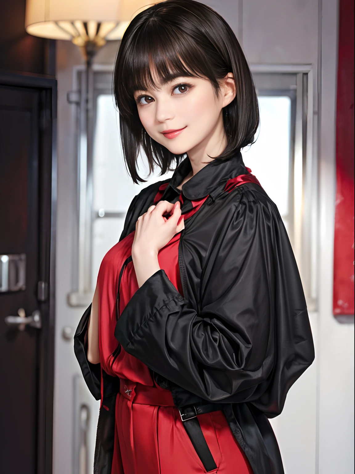65
(a 20 yo woman,is standing), (A hyper-realistic), (masutepiece), ((A dark-haired、short-hair:1.3)), (Silky hair), (Breast:0.5), (kindly smile:0.7), red lipsticks