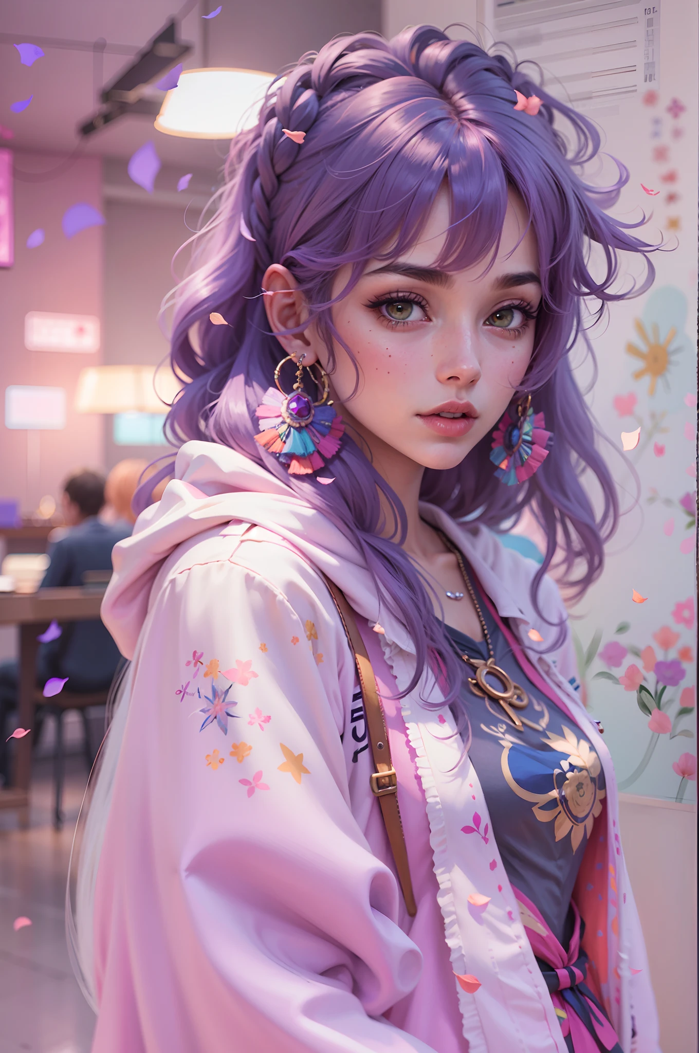 Estudante do colegial, Lilac Haired Girl/Azul/Rosa, garota de cabelos ondulados, garotas de cabelo cacheado, rosy lips, bochechas coradas, roupa estilosa, moletom, casaco Verde, blusa cinzenta, garota de cabelo amarrado ondulado/cacheado