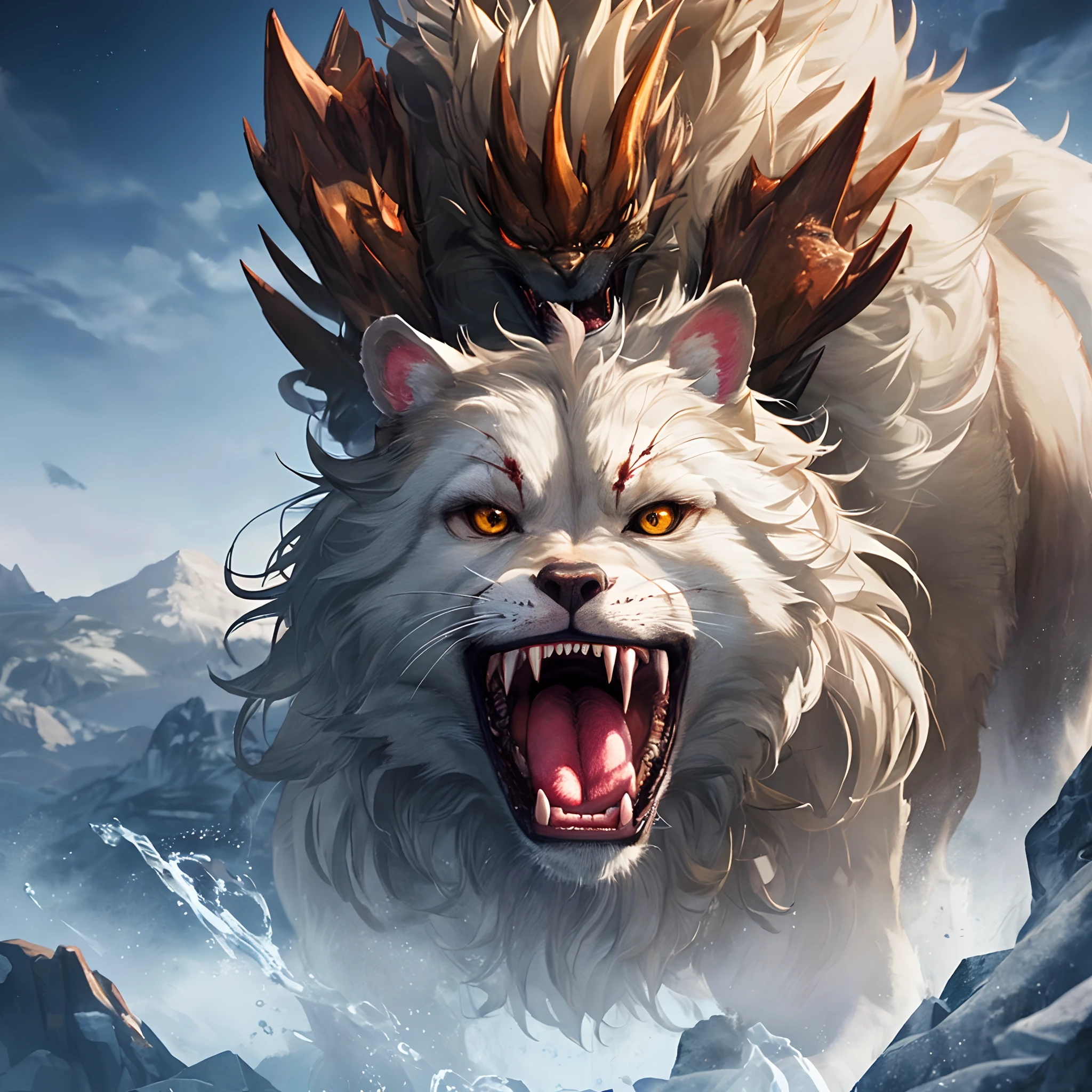 masterpiece, Highest quality, (Highly detailed CG Unity 8k wallpaper), (Highest quality), (Best illustrations), (Best Shadow), Absurd, Realistic lighting, (abyss), Beautiful sparkle, art：PeterMohrBacher,The giant white wolf moves slightly to the right.，Opening his mouth wide