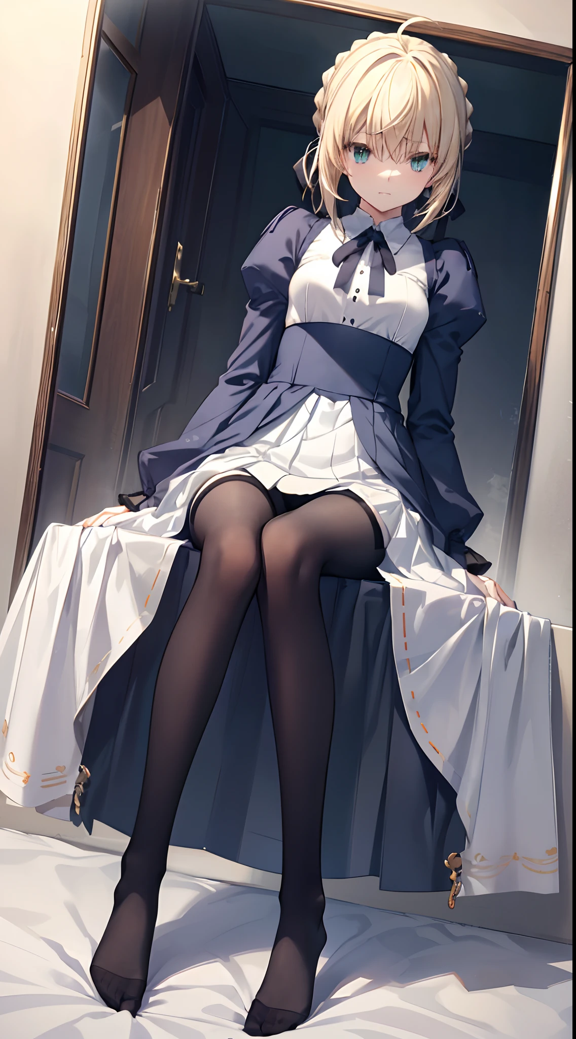 ccsaber, blonde hair, green eyes, ahoge, white shirt, blue skirt, black pantyhose、masterpiece、top-quality、best、超A high resolution、Full body portrait、intricate-detail、An ultra-fine illustrations、perfect anatomia、Correct anatomy、perfectly proportions、face perfect、Hands are2Boken、perfect hand、The feet are in2Boken、perfect foot、Perfect fingers、Small toes、Precise size and balance of upper and lower body、18year old、Schoolgirl with mature body type、A high school girl with long、1人、Whole body from head to leg、full body Esbian、small tits、Small toes、Small toes、No shoes、laying on back、M-shaped legs、Opening legs、Inter-strands、Facing the front、Composition from below、Composition from the front、Panchira、Inner thigh-sitting、Sit on the floor with bent knees and legs open、Front-facing、Lower body facing forward、Slender feet、Slender thighs、Slim toes、Lying on a white bed facing the front、Slender feet、legs slightly open、Sleeping in a big letter、Legs are spread、Hands are slightly raised、Panting face about to cry、red blush、Embarrassed look、A slightly sad look、Black_Wearing white panties inside stockings、Wearing white panties inside black transparent stockings、Wearing white panties inside black stockings、Wearing white panties inside black pantyhose、Wearing white panties inside black lace pantyhose、Wearing white panties inside stockings with black lenses、Wearing black light pantyhose and white panties、Wearing black transparent pantyhose and white panties、No shoes、No shoes on、pure white under black stockings,,,_panties on、Panties are visible through a navy blue pleated skirt、Pure white bra、Underwear、Bedrooms、in a house、during daytime、(small tits)、((full body Esbian))、masterpiece、(top-quality)