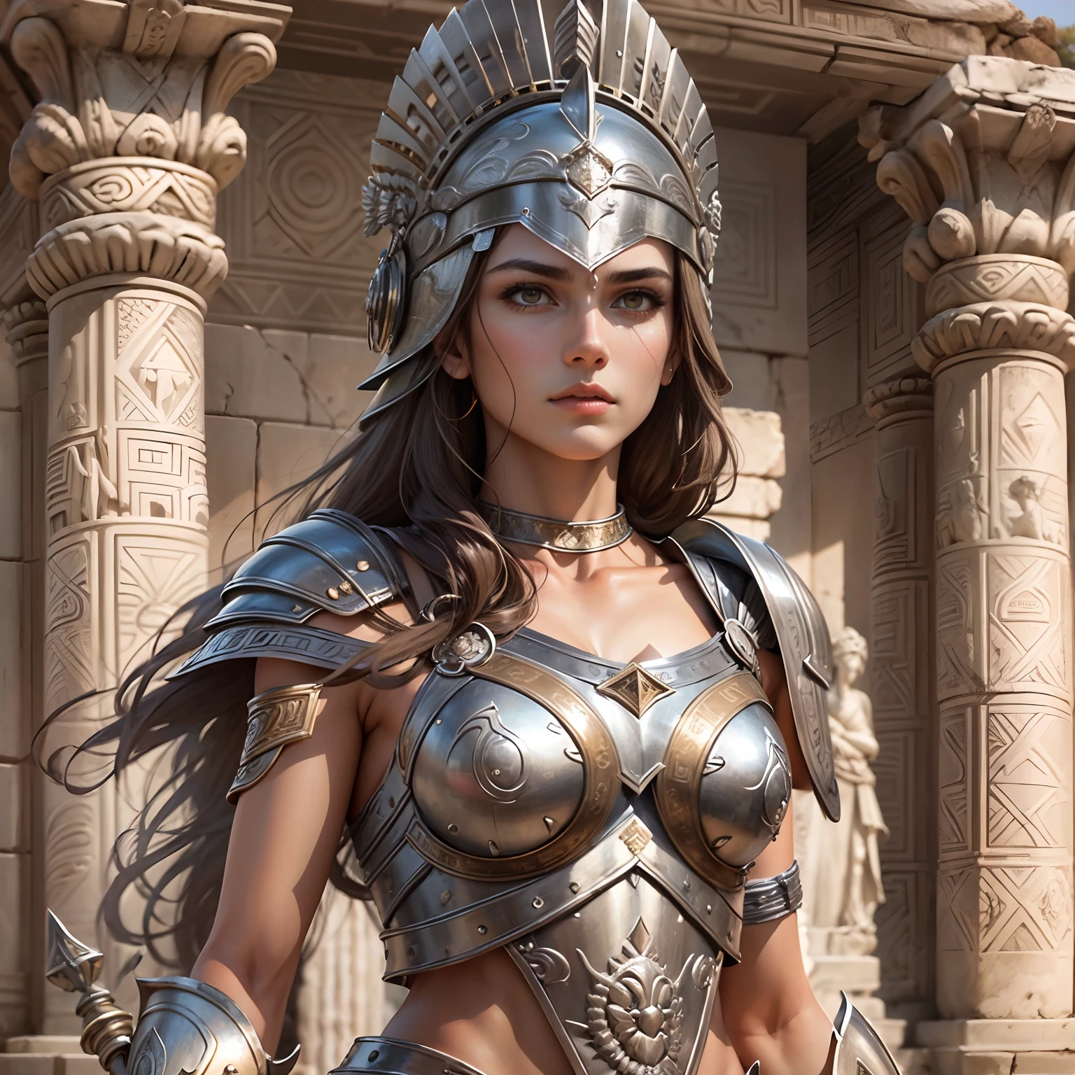 Female sacred fighter, brown eyes, brown hair, fair skin, stylish and beautiful, serious and friendly, slender, silver breast plate armor, silver corinthian helmet, armed with spear and hoplite round shield, super accurate description of hands, Standing in front of an ancient Greco-Roman temple with a statue of Goddess Athena, epic fantasy art, photorealistic, super high quality, super high detail, masterpiece, 4k, 8k, HDR