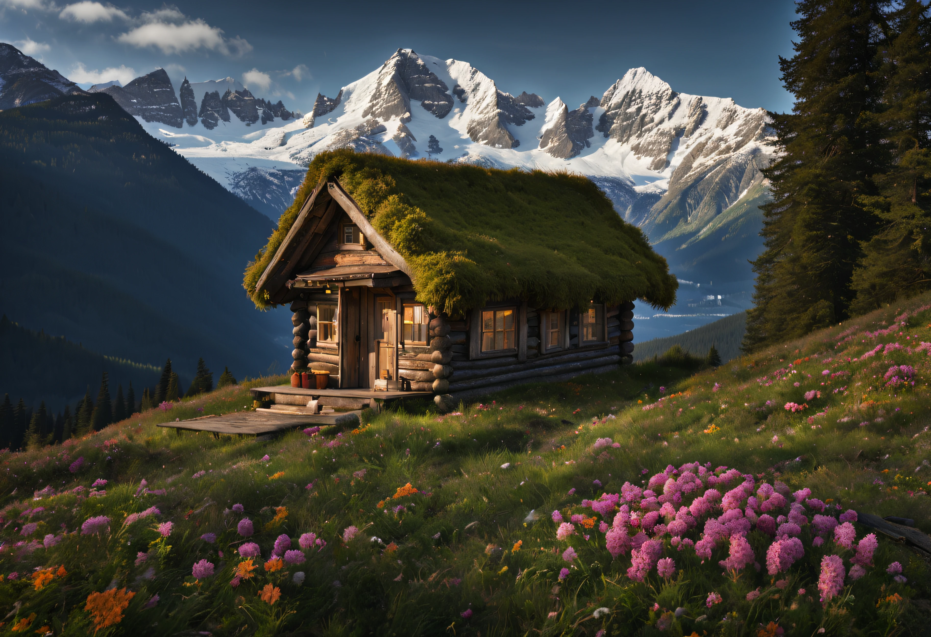 a tiny cabin made entirely of leaves and flowers, snow mountain in the background, uhd, HDR, (realistic:1.1)