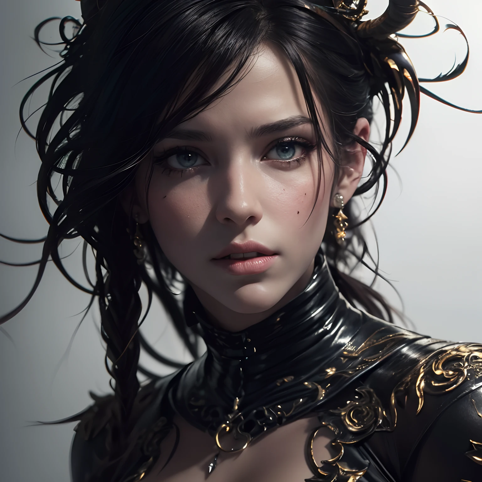 A woman with a dagger in her hand. She wears ornate, dark armor adorned with fur-lined shoulders, very small crown. Her expression is commanding, her eyes are yellow, her flowing black hair contrasting with the gotic background. Her breast are medium and squishy, thin waist