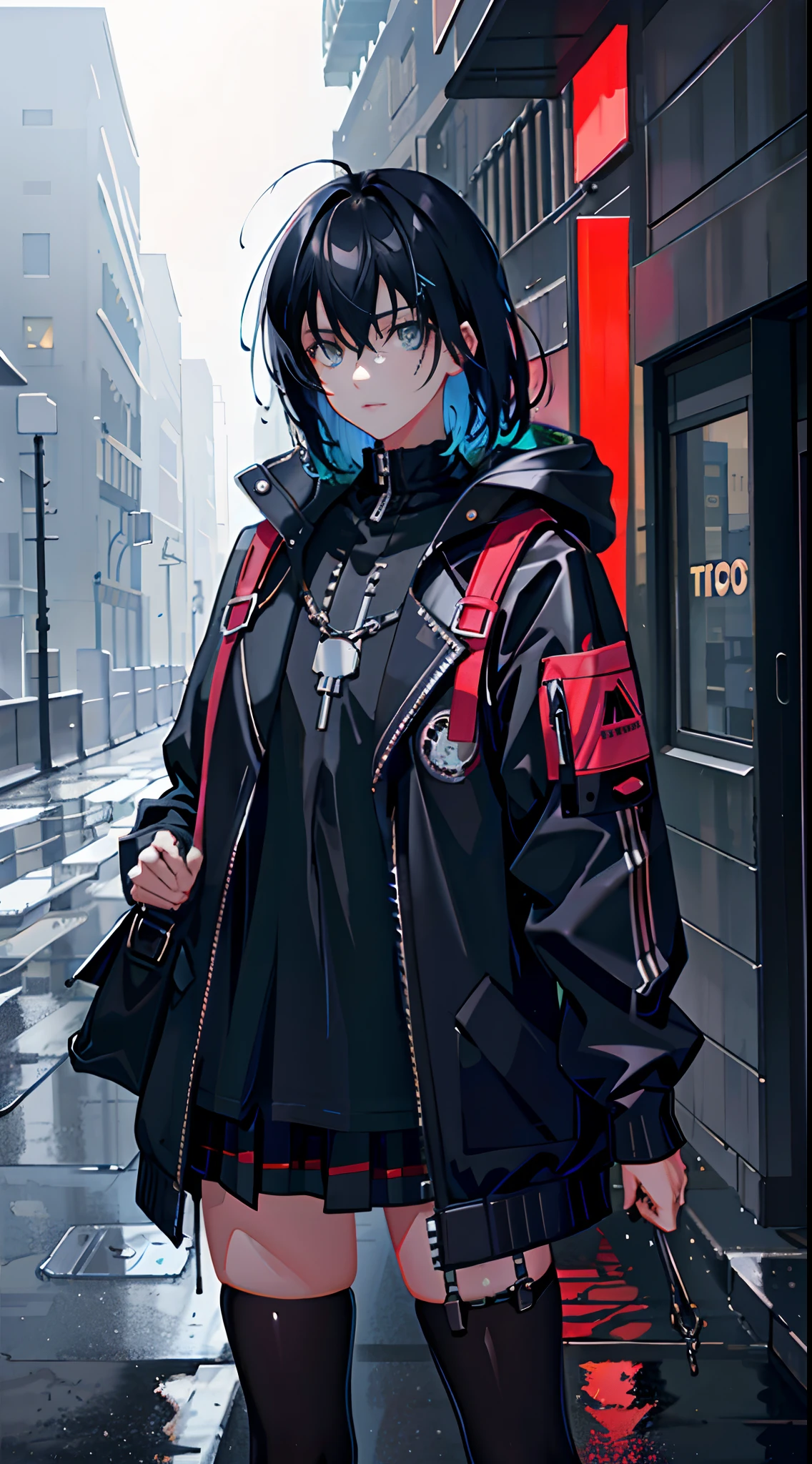 1girl, jacket, rain, outdoor, hoodie, open jacket, chain, backpack, looking at another, messy hair, trending on artstation, 8k resolution, highly detailed, anatomically correct, sharp image, digital painting, concept art, trending on pixiv, style of makoto shinkai,