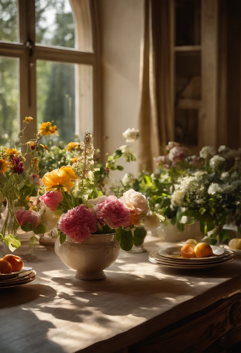 Close-up of a table，There is a vase of flowers on it, delightful surroundings, With French garden, Transparent，high key，house kitchen on a sunny day, Inside the French village, author：Wise, bright window lit kitchen, Architectural Digest, Home and Garden Magazine, Residence and garden, Architectural Digest Photos, summer morning light, with flowers and plants, Vignette digital sketch, dripping paint. Perfect color grading. Carel Appel and Jeremy Mann's influence, Many dramatic and threatening scenes, ultra - detailed, Beautiful, insanely details, Intricate details, editorial photography, shot with a 50mm lens, depth of fields, Tilt Blur, Shutter speed 1/1000, f/22. Lightmaps, Super bright
INFO