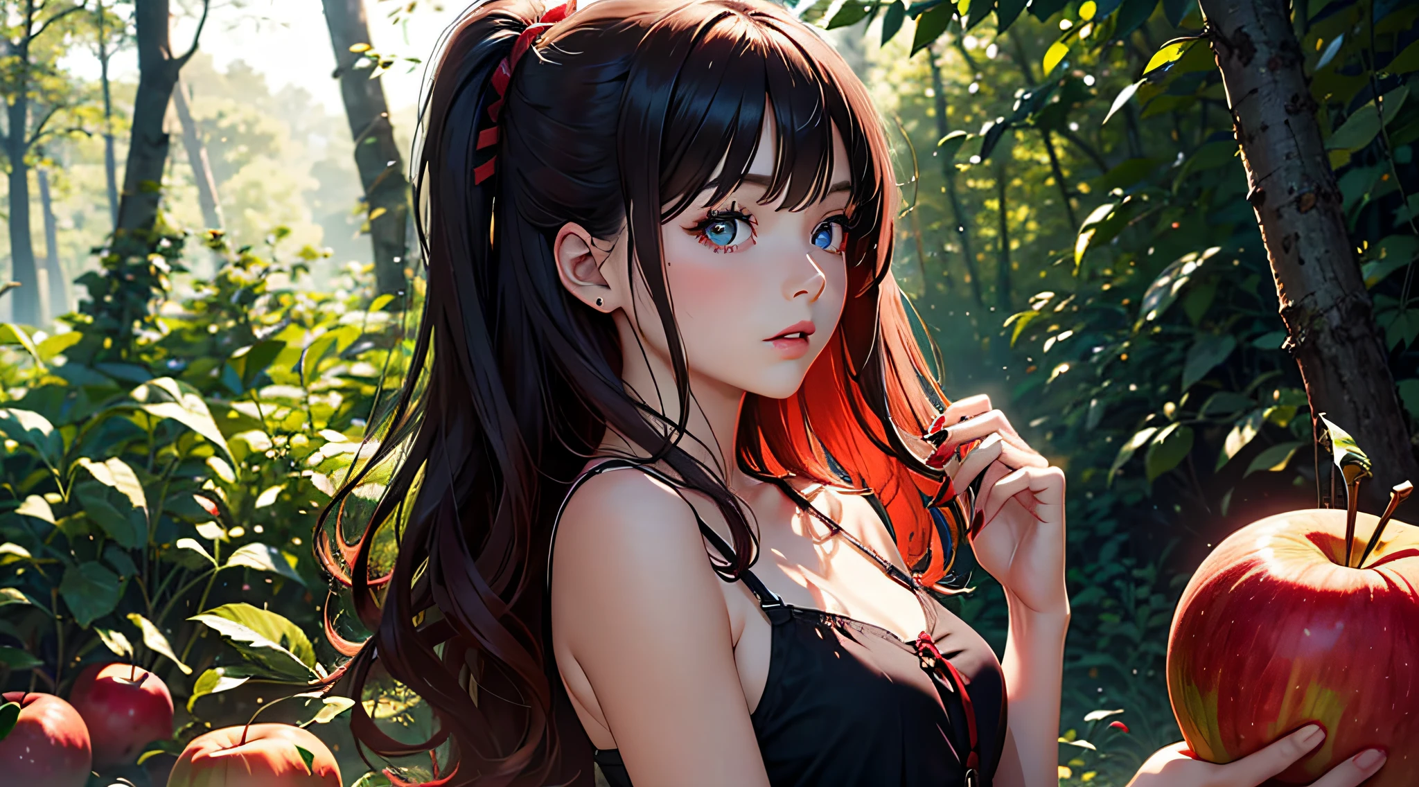 Only 1 Girl in Pictures, 14 Jahre, Schwarze Haare, Rote Schleife im Haar, Red White Dress, rote Wangen, rote Lippen Apfel, Apfel in Hand, Braune Augen, Niedlich, im Wald