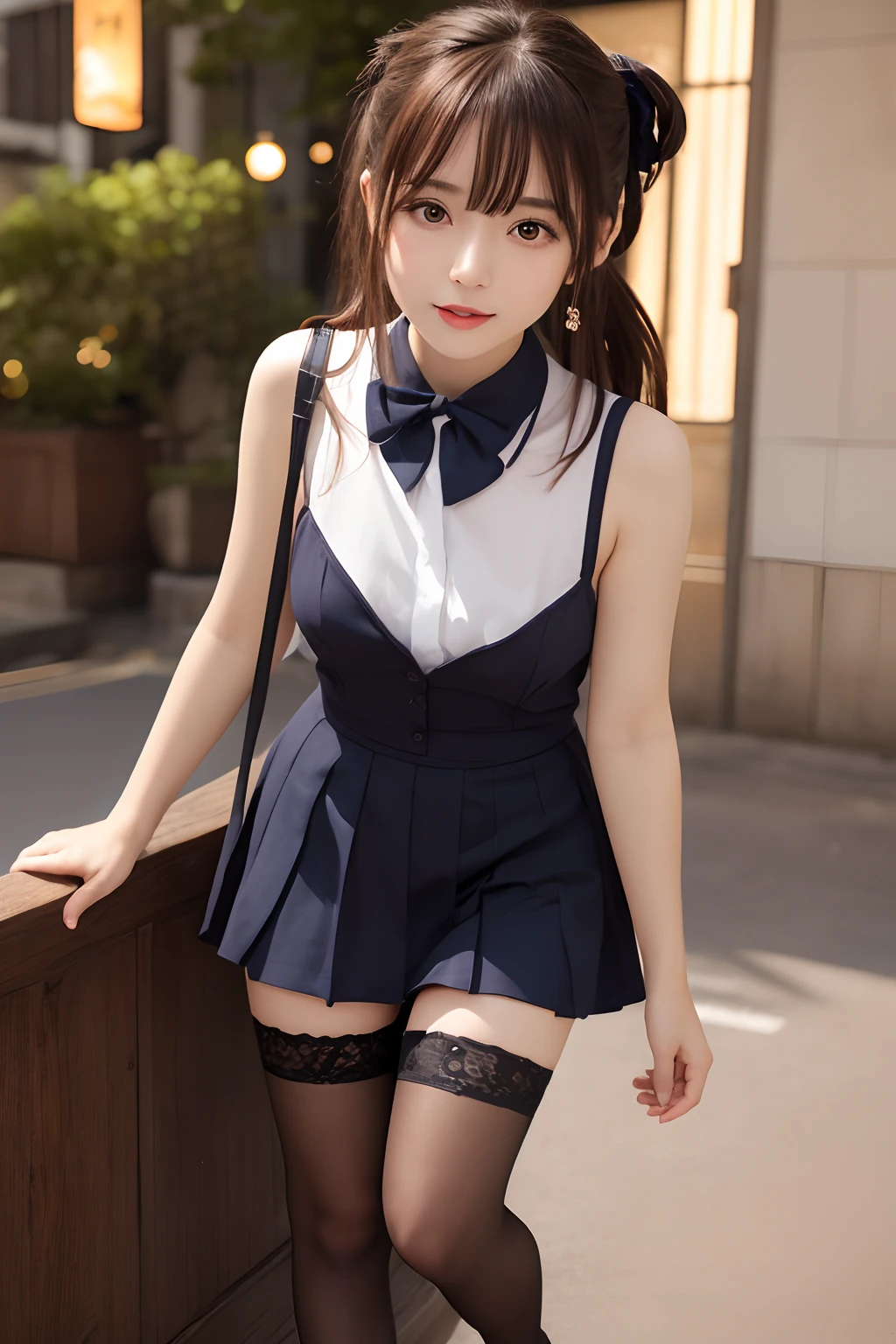 masutepiece, Best Quality, One girl, (a beauty girl, kawaii:1.3), (17 age:1.3), Very fine eye definition, (Symmetrical eyes:1.3), NSFW, (girlfriend、Schools、is standing:1.2), (a beauty girl:1.3), Petite bust、 Brown eyes, Parted bangs, Brown hair, Petite girl、The whole body is visible、Esbian、(A slender)、(Whole body:1.5)、(High Ponytail、put out the tongue)、(arms behind back)、learning forward、Looking Up、frombelow、(Raw photo:1.4)、(Photorealsitic:1.3)、(​masterpiece)、top-quality、top-quality、the Extremely Detailed CG Unity 8K Wallpapers、Detailed and complex、Original、hight resolution、
\\
1girl in、独奏、middlebreasts、(eye liner:0.2)、(red blush:0.5)、hair clips、Look at viewers、NSFW、
\\
Tight knit dress with see-through、frilld、Black sheer stockings、Cute earrings
\\
beautifullydetailedbackground、depth of fields、realisitic:1.3、(ambient lights:1)、(Kamimei:1.3)、(nffsw:1)、(Studio Lighting:1.5)、(pantyshot、up skirt:1.2)、From  above、(Whole body)