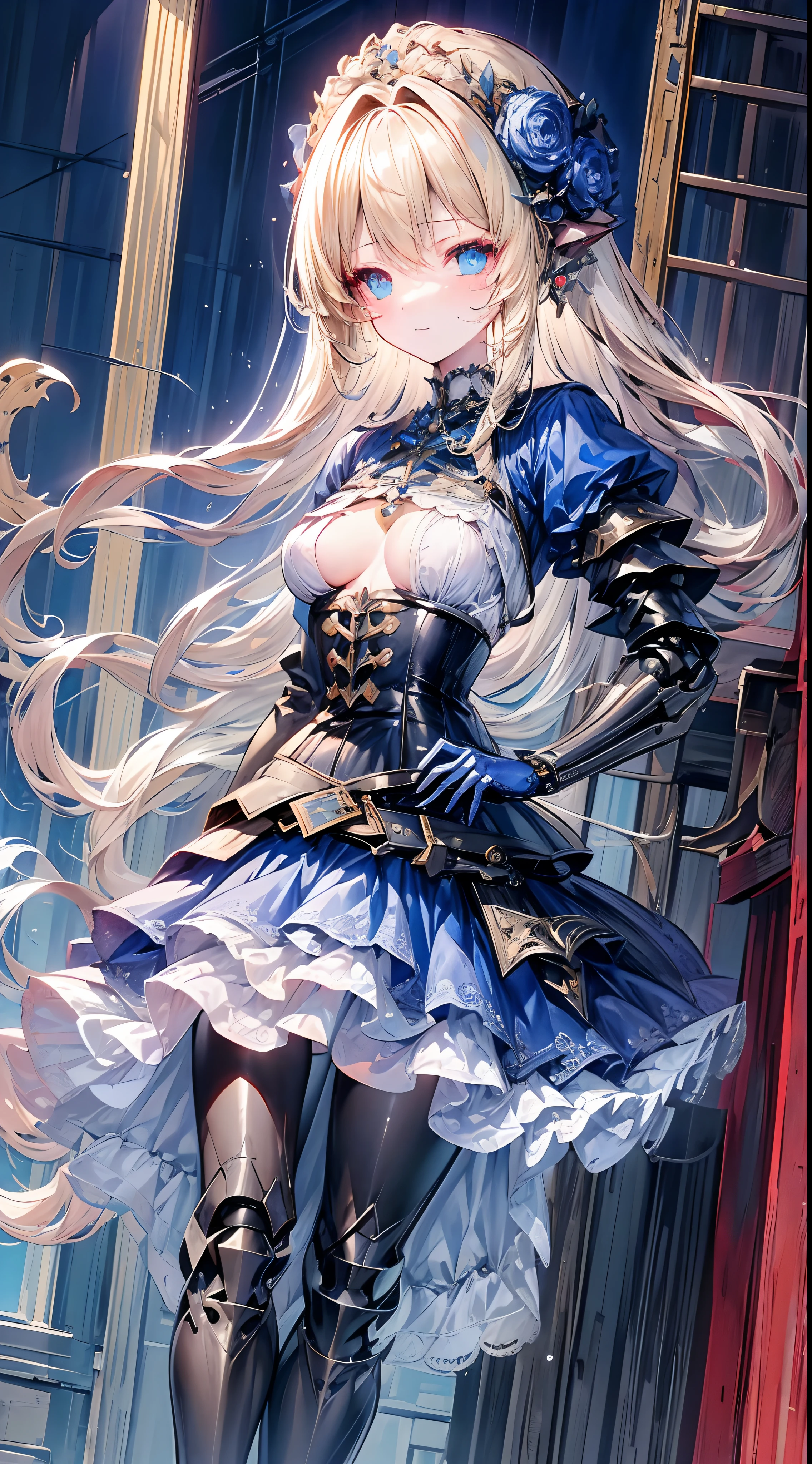 (((masterpiece)))、((top-quality))、(The ultra-detailliert)、(CG Illustration)、(Very Beautiful ))、Cinematic Light、((1 Mechanical Girl))、 scientific fiction、Apocalypse、Erotic grotesque、research institute(Beautiful and indulgent:1.2)、(1girl in:1.3)、Facing the front,a blond,Corset Belt,blue high waist skirt,