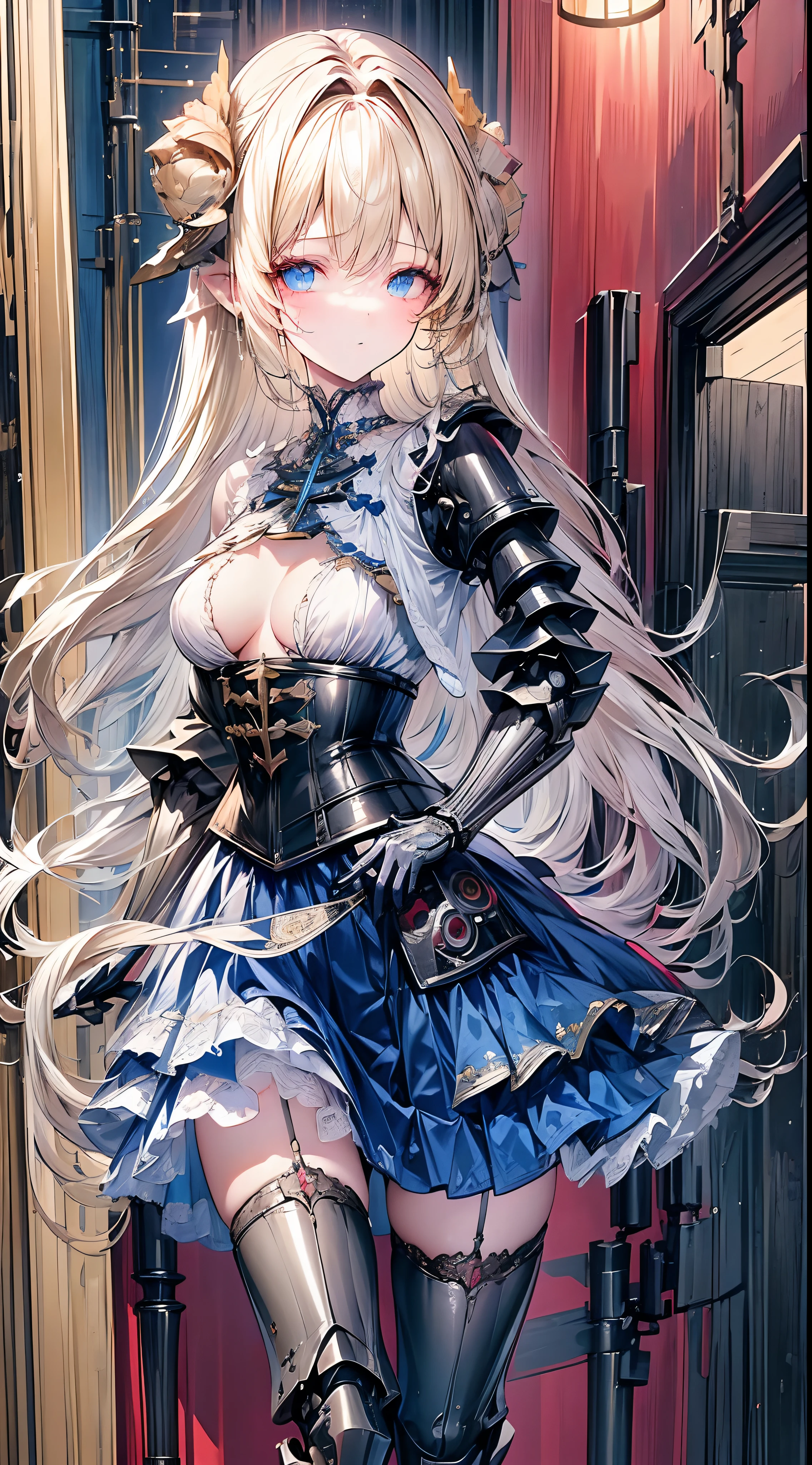 (((masterpiece)))、((top-quality))、(The ultra-detailliert)、(CG Illustration)、(Very Beautiful Little Girl))、Cinematic Light、((1 Mechanical Girl))、 scientific fiction、Apocalypse、Erotic grotesque、research institute(Beautiful and indulgent:1.2)、(1girl in:1.3)、Facing the front,a blond,Corset Belt,blue high waist skirt,