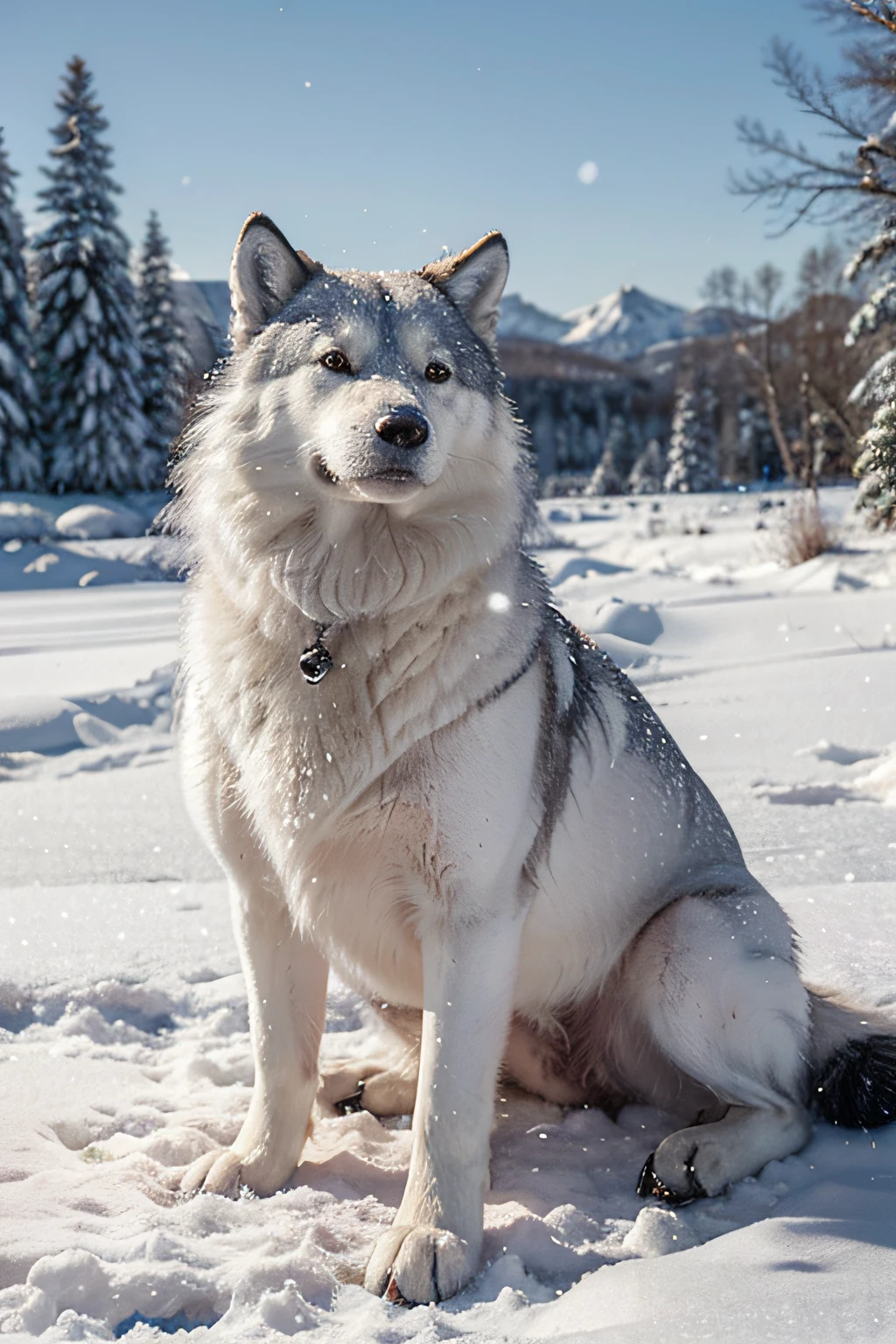 A breathtaking scene unfolds in front of the camera lens. Em meio a uma vasta paisagem de inverno, A majestic wolf-like dog with fur as white as snow takes center stage. Each skin is meticulously outlined, reluzente sob os raios de um sol crepuscular.

O Lobo Branco, with piercing eyes reflecting the serenity of the Arctic, repousa sobre a neve macia. The texture of the snow is so vivid that you can almost feel the chill under your paws. Snowflakes dance in the air, Creating a magical setting.

the Dog, com uma postura nobre e imponente, It is surrounded by a deep silence that embraces the viewer. Your breath creates tiny clouds of steam in the frigid air. The fur of the white wolf seems to capture the very essence of winter, enquanto o ambiente circundante parece congelado no tempo.

The camera focuses on the details, revelando a textura sedosa da pele do lobo, a sutileza das pegadas na neve, e o contraste hipnotizante entre a brancura imaculada do animal e a paisagem gelada. This image is an ode to natural beauty, A Majestade da Vida Selvagem, and the purity of the colder season."

I hope this English translation helps convey the cinematic quality and rich detail of the scene you described.