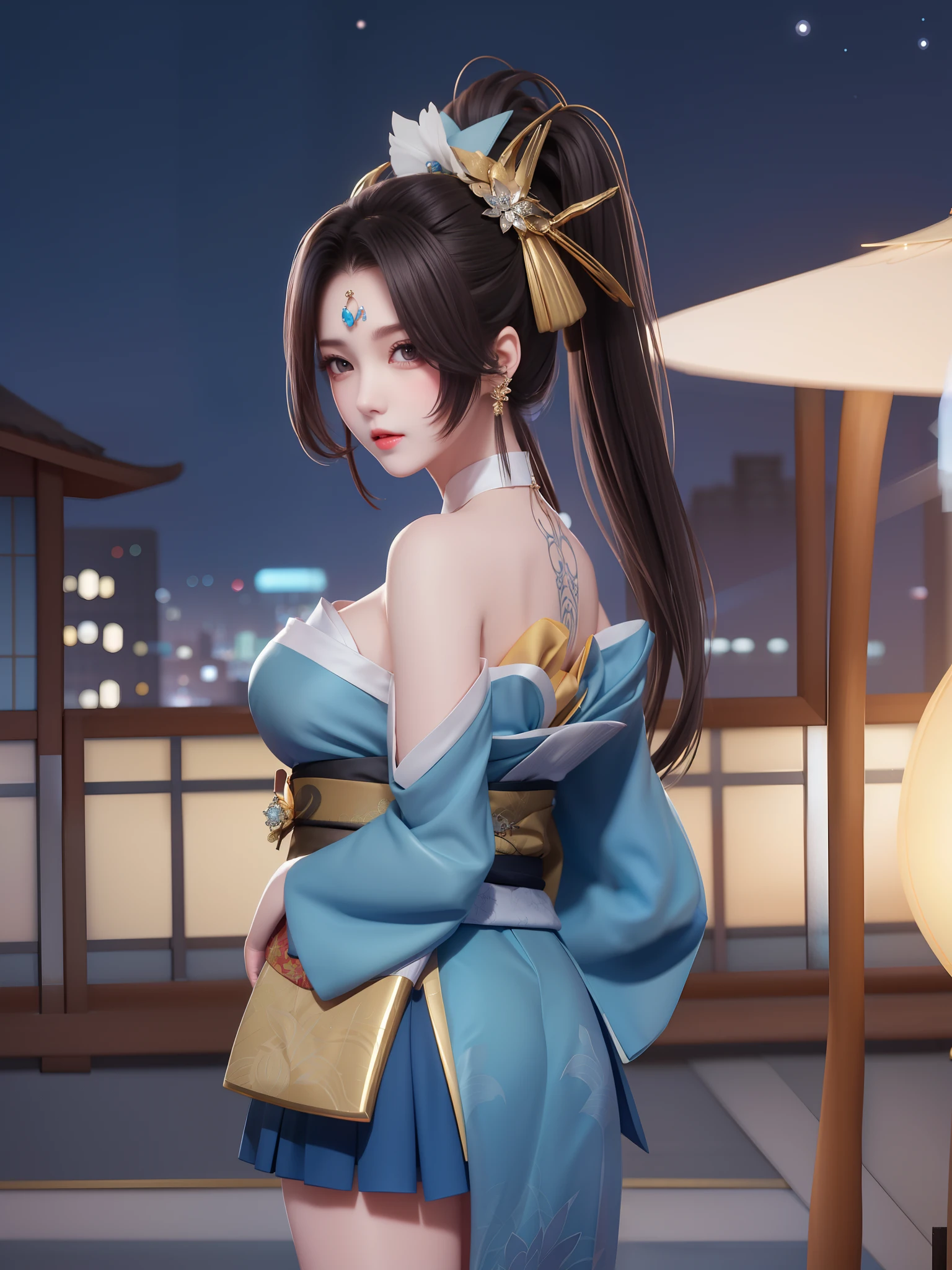 1girl, mature female, looking at viewer, cityscape, night, WZRYhuowuMY,hair ornament, sash, bow,jewelry, kimono, short skirt,forehead mark, hait stick,high ponytail, arms behind back, bare shoulders,