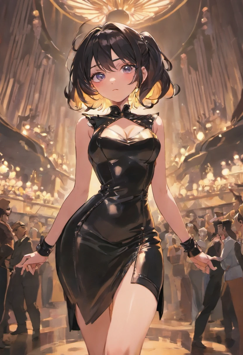Cartoon style all disney princesses in black sexy leather minidress. Various pose to obtain a group illustration. Each princess has easily recognizable face and have a different sexy lascivious pose. The entire bodies of characters are visible.