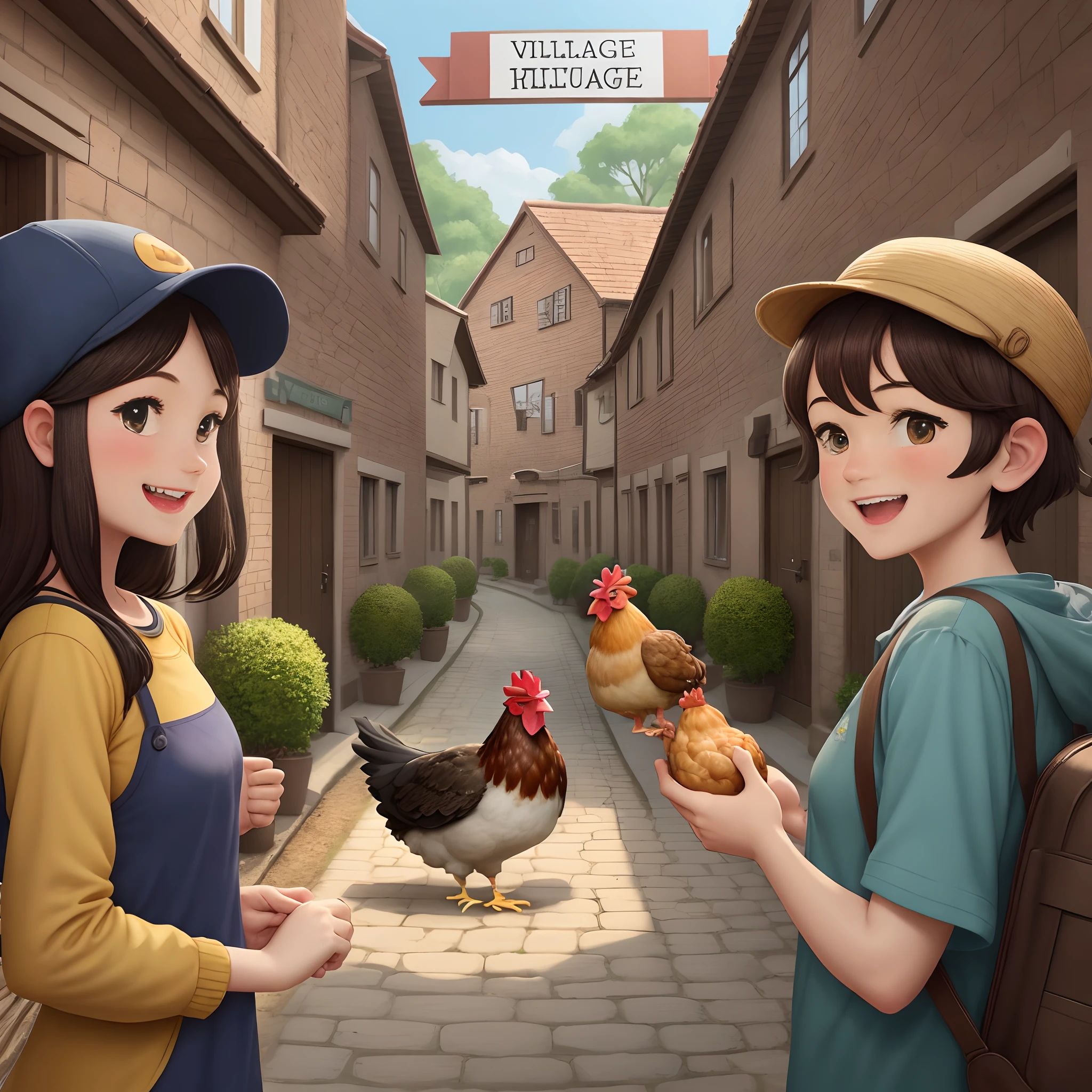 The village names cheered in celebration of their success，There is a cartoon picture of a villager holding a chicken in his hand