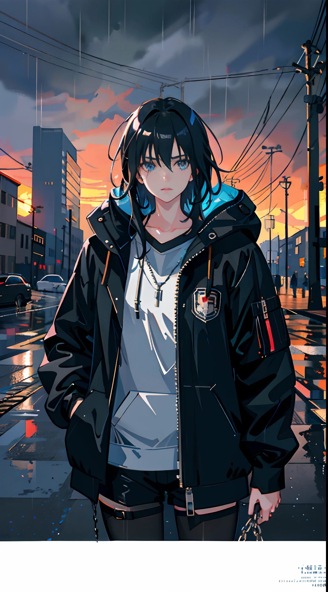 1girl, jacket, rain, outdoor, hoodie, open jacket, chain, backpack, looking at another, messy hair, trending on artstation, 8k resolution, highly detailed, anatomically correct, sharp image, digital painting, concept art, trending on pixiv, style of makoto shinkai,