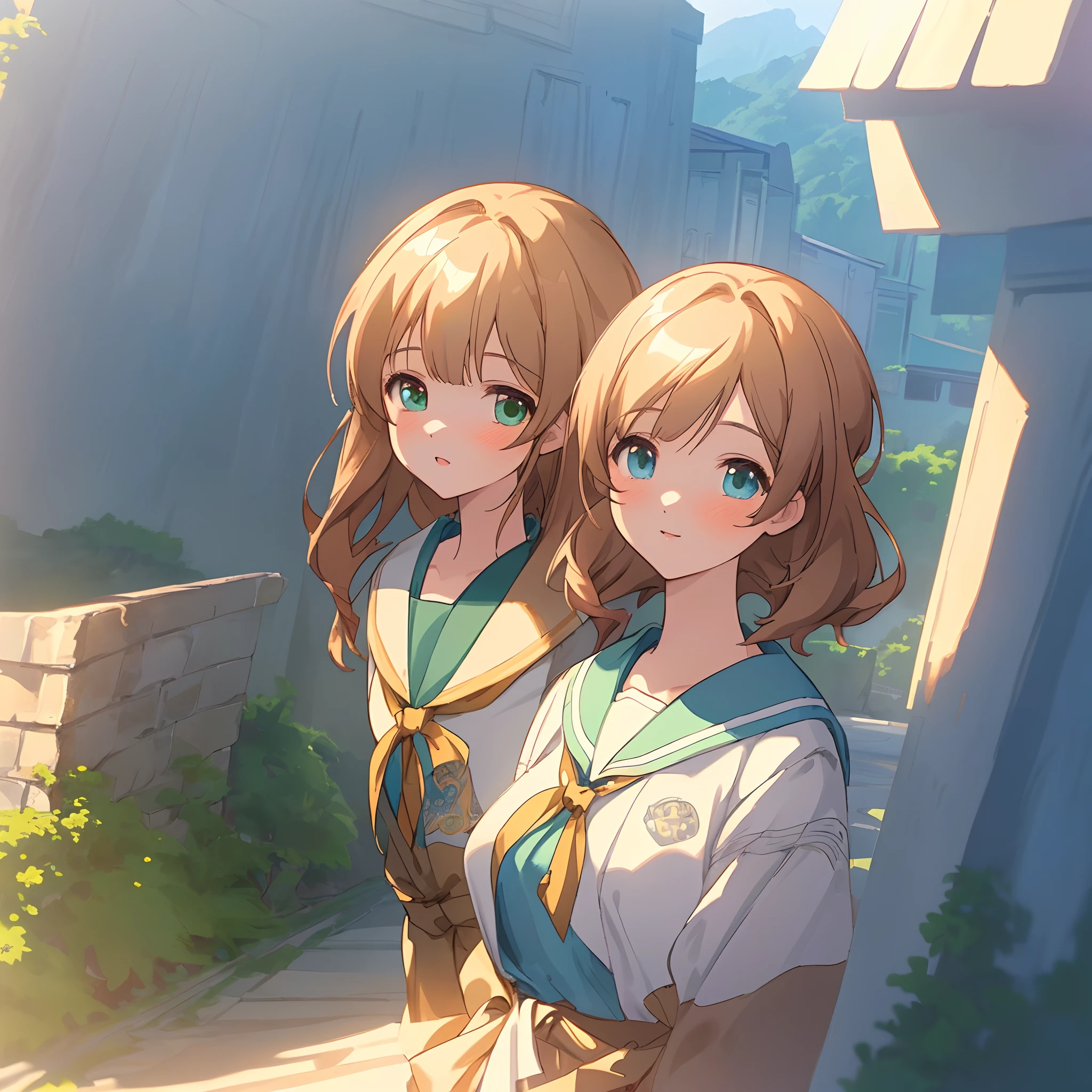 Anime Paintings, twin sisters. Image from the waist up. She is . In town. Walk side by side. ,anime style,(beautiful illustration1.3),(highly quality),(Breathtaking Scenery:1.3),breathtaking cute,raytracing,,(extremely detailed CG unity 8k portrait:1.3),