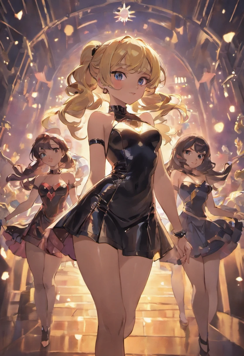 Cartoon Style All Disney Princesses in Black Sexy Leather Minidress. Varied pose to achieve group illustration. Each princess has an easily recognizable face and has a different sexy lascivious pose. All of the characters' bodies are visible.