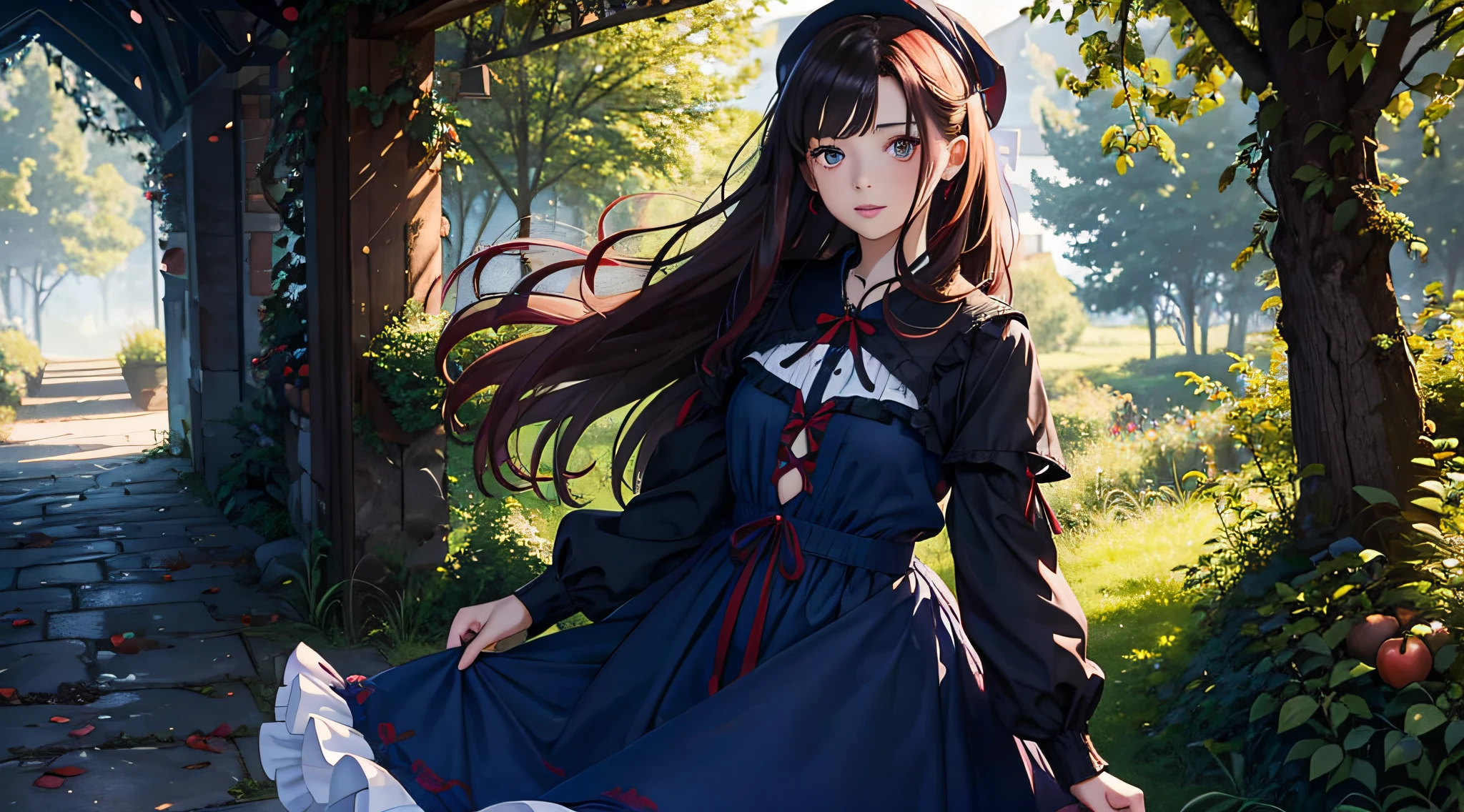 1 Girl in Picture, 14 Jahre, Schwarze Haare, Rote Schleife im Haar, blue White Dress, rote Wangen, rote Lippen Apfel, Apfel in Hand, Braune Augen, Niedlich, im Wald