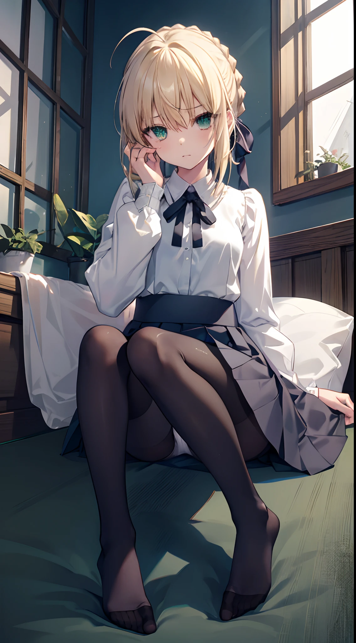 ccsaber, blonde hair, green eyes, ahoge, white shirt, blue skirt, black pantyhose、masterpiece、top-quality、best、超A high resolution、Full body portrait、intricate-detail、An ultra-fine illustrations、perfect anatomia、Correct anatomy、perfectly proportions、face perfect、Hands are2Boken、perfect hand、The feet are in2Boken、perfect foot、Perfect fingers、Small toes、Precise size and balance of upper and lower body、18year old、Schoolgirl with mature body type、A high school girl with long、1人、Whole body from head to leg、full body Esbian、small tits、Small toes、Small toes、No shoes、laying on back、M-shaped legs、Opening legs、Inter-strands、Facing the front、Composition from below、Composition from the front、Panchira、Inner thigh-sitting、Sit on the floor with bent knees and legs open、Front-facing、Lower body facing forward、Slender feet、Slender thighs、Slim toes、Lying on a white bed facing the front、Slender feet、legs slightly open、Sleeping in a big letter、Legs are spread、Hands are slightly raised、Panting face about to cry、red blush、Embarrassed look、A slightly sad look、Black_Wearing white panties inside stockings、Wearing white panties inside black transparent stockings、Wearing white panties inside black stockings、Wearing white panties inside black pantyhose、Wearing white panties inside black lace pantyhose、Wearing white panties inside stockings with black lenses、Wearing black light pantyhose and white panties、Wearing black transparent pantyhose and white panties、No shoes、No shoes on、pure white under black stockings,,,_panties on、Panties are visible through a navy blue pleated skirt、Pure white bra、Underwear、Bedrooms、in a house、during daytime、(small tits)、((full body Esbian))、masterpiece、(top-quality)