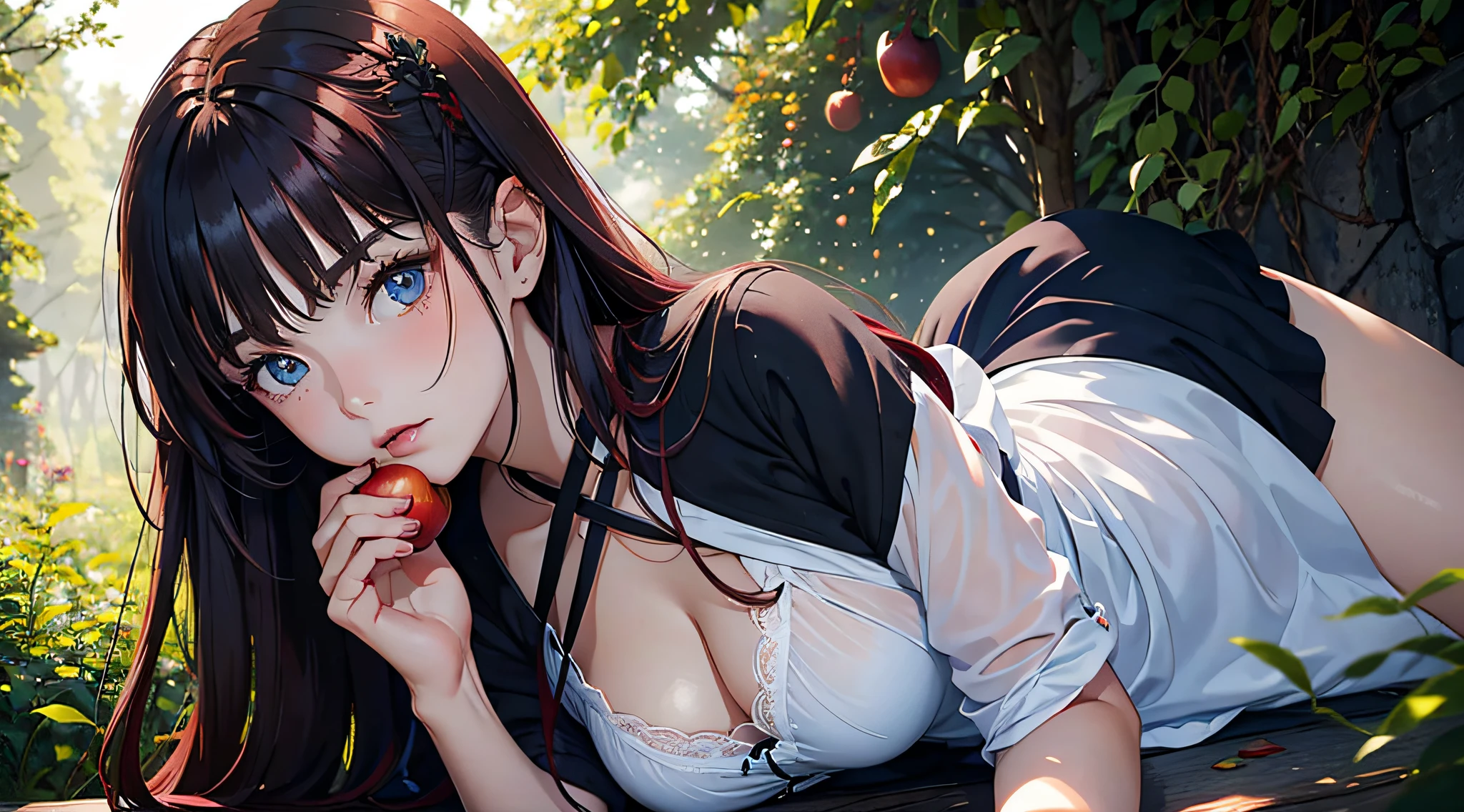 1 Girl in Picture,  Jahre, Schwarze Haare, Rote Schleife im Haar, blue White Dress, rote Wangen, rote Lippen Apfel, Apfel in Hand, Braune Augen, Niedlich, im Wald
