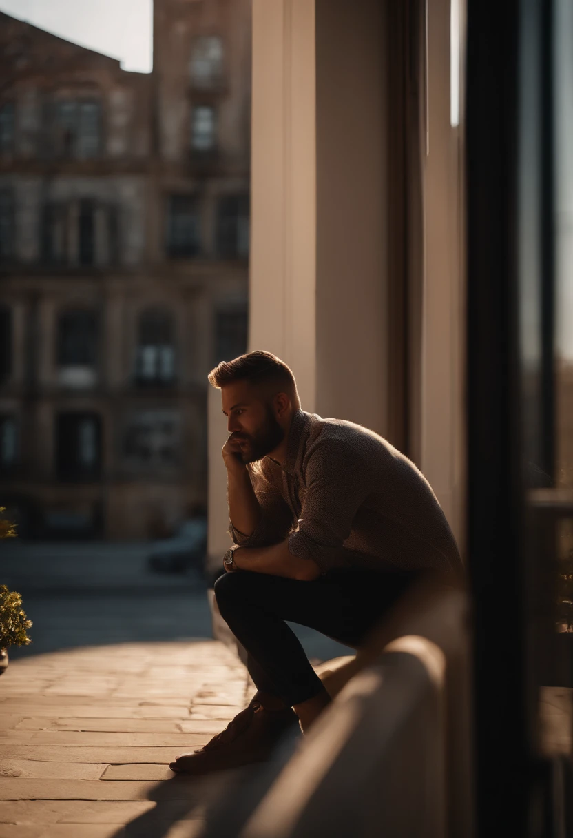 arafed man sitting on a ledge looking out a window, lofi portrait at a window, virtual self, mid shot portrait, portrait shot 8 k, photo from a promo shoot, lost in thought, shot at golden hour, leaning against the window, atmoshperic, soft light from the side, perfectly lit face, standing near a window