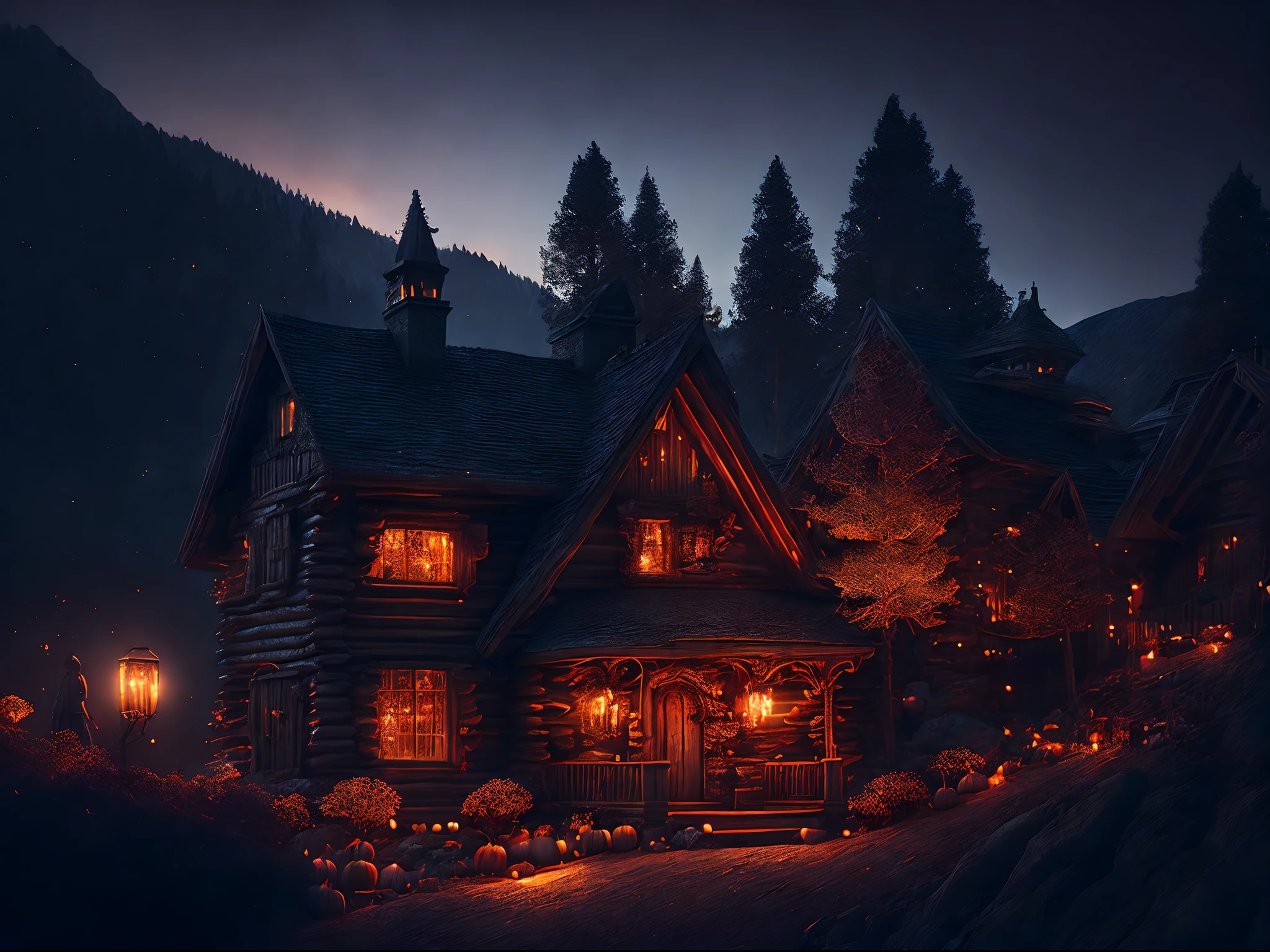 (Absurdres:1.2), intricately detailed create a mountain cabin in Halloween town, eerie candlelight, night aura, ethereal, gothic, surreal art, Shimmer, approaching perfection, ultra-high quality, bokeh, reflective textures, perfect shadows, volumetric lighting, 8k resolution, illustration