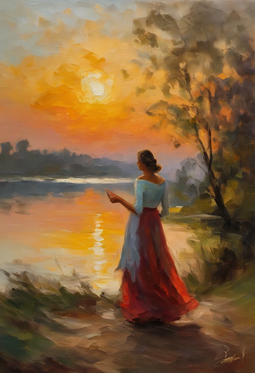 Amanecer mujer en camison de espaldas viendo hacia el lago