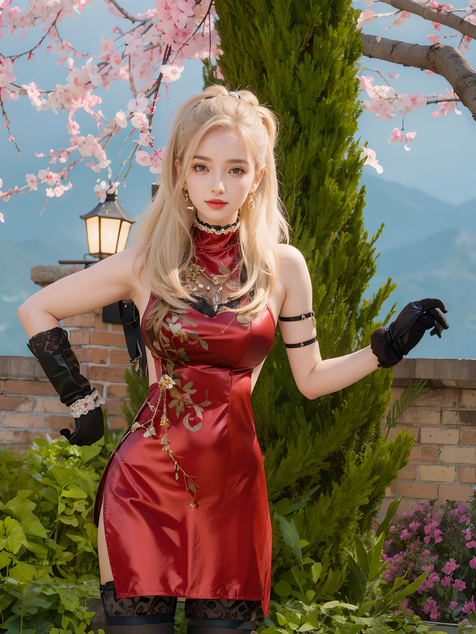 (Fight fiercely with dragons)、top-quality、​masterpiece、超A high resolution、（White Dragon Armor）、dragon armor、(Wearing a beautiful crown made of jewels),(Photorealsitic:1.4)、Raw photo、1人、Golden hair、glowy skin、(((Chinese Dragon)))、（Gorgeous Jewelry Necklaces）、（Mystical expression）、（Fight big dragons）、With a beautiful knife、（White Metal Bodysuit）、(beautiful forest background)、Precipitous cliffs、(Small LED)、((super realistic details))、portlate、globalillumination、Shadow、octan render、（One-Eyed Scouter）、8K、ultrasharp、Colossal tits、Raw skin is exposed in cleavage、metals、Details of complex ornaments、Japan details、highly intricate detail、Realistic light、CGSoation Trends、Red Eyes、radiant eyes、Facing the camera、neon details、(Mechanical limbs)、(blood vessels connected to tubes)、Mechanical vertebrae attached to the back、mechanical cervical attaching to neck、(Wires and cables connecting to the head)、Gundam、Small LED、,Mechanical thighs、Toostock、（Hands are also made of machines）、（veils）、
