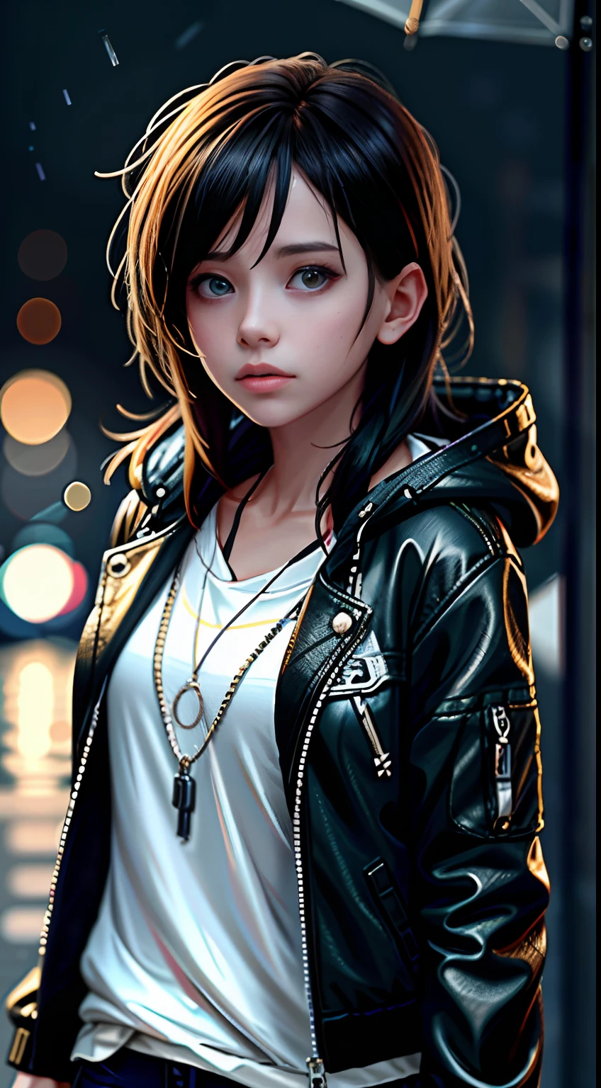 1girl, jacket, rain, outdoor, hoodie, open jacket, chain, backpack, looking at another, messy hair, trending on artstation, 8k resolution, highly detailed, anatomically correct, sharp image, digital painting, concept art, trending on pixiv, style of makoto shinkai,
