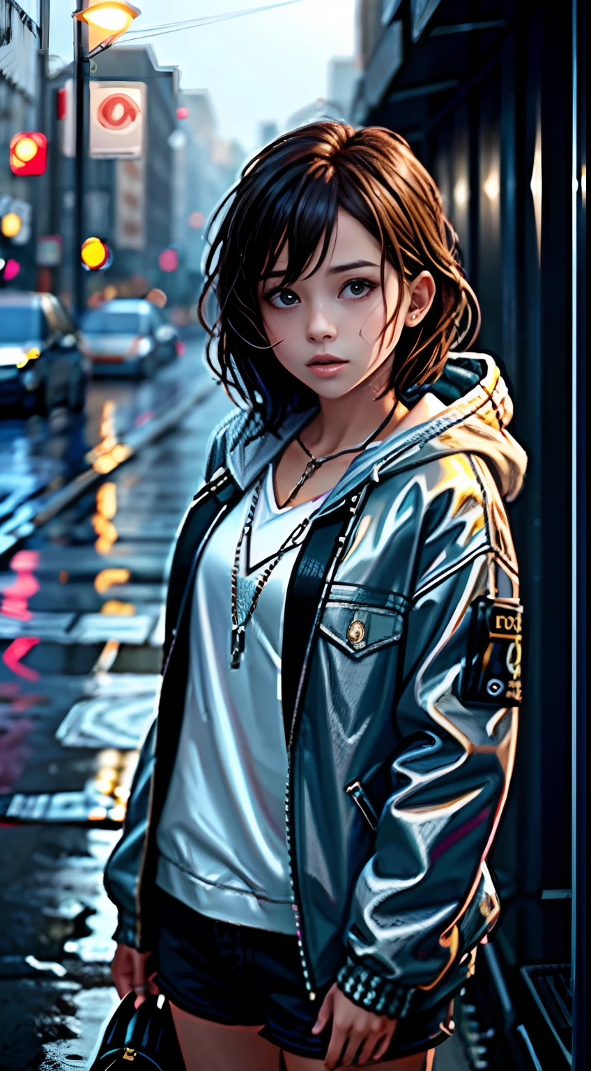 1girl, jacket, rain, outdoor, hoodie, open jacket, chain, backpack, looking at another, messy hair, trending on artstation, 8k resolution, highly detailed, anatomically correct, sharp image, digital painting, concept art, trending on pixiv, style of makoto shinkai,