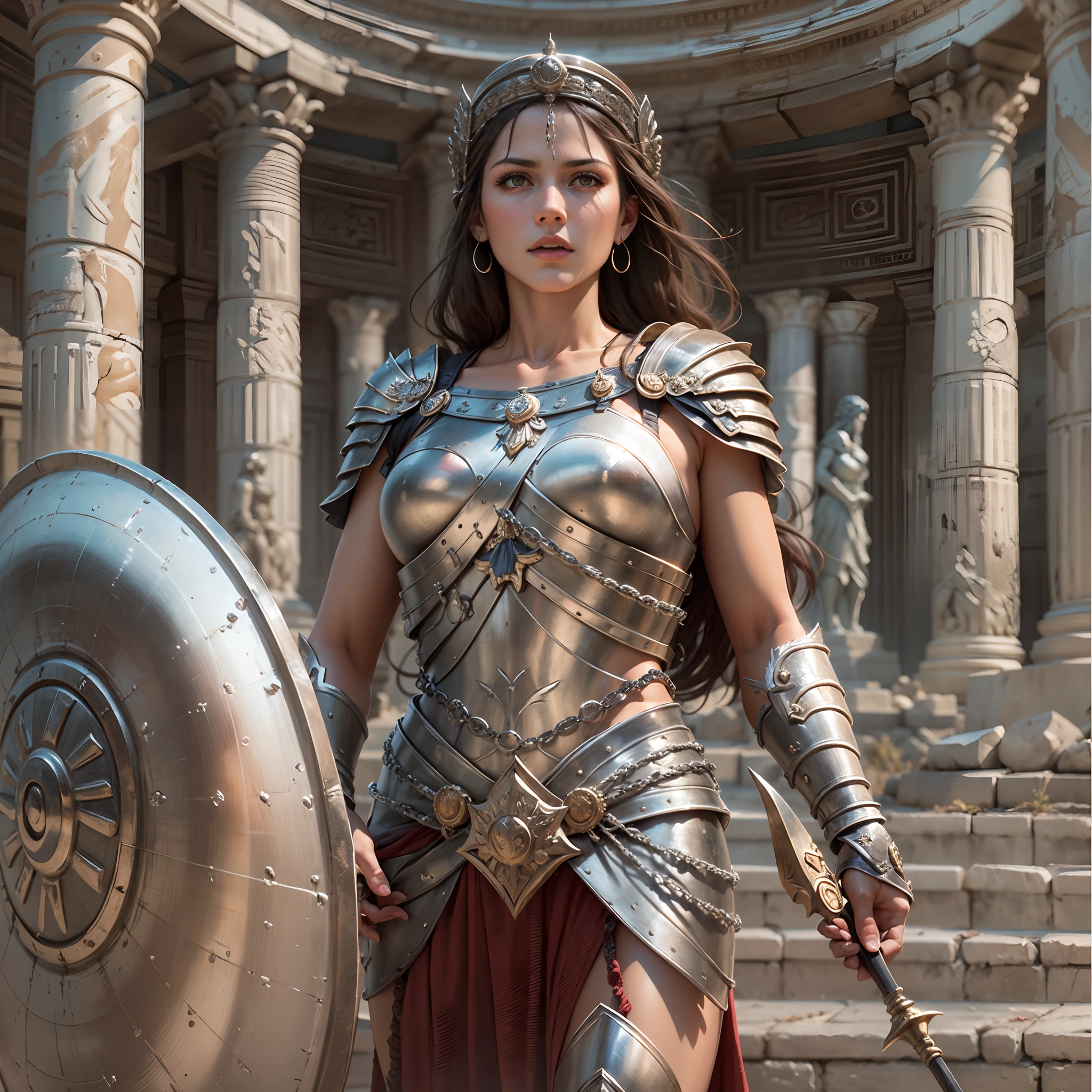 Female sacred fighter, brown eyes, brown hair, fair skin, smart and beautiful, serious and friendly, slender, silver breast plate armor, silver corinthian helmet, armed with spear and hoplite round shield, super accurate description of hands, Standing in front of an ancient Greco-Roman temple with a statue of Goddess Athena, epic fantasy art, photorealistic, super high quality, super high detail, masterpiece, 4k, 8k, HDR