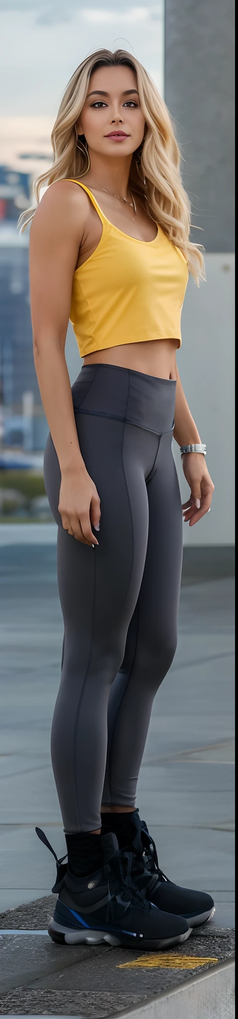 A closeup of a woman in a yellow top and gray pants, Leggings, Leggings, perto de um magro, tights skin, panthyhose, panthyhose, Leggings Pretas, traje apertado, usando roupas simples e apertadas, closeup extremo de corpo inteiro, Coxas fechadas, close-up nas pernas, lacuna na coxa, Leggings pretas, roupa apertada, Slacks