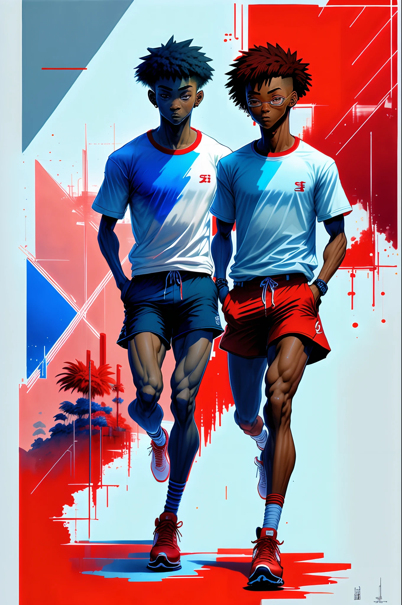 1man, sox, sneakers, Red shorts, Blue shirt, Geometry learns multiple times, Art Book, Beautiful, Colorful, Masterpieces, of the highest quality, Best Quality, Official art, Beautiful and aesthetic, Running, running track, track and field, bloom, toru, race, Asian, Full body.