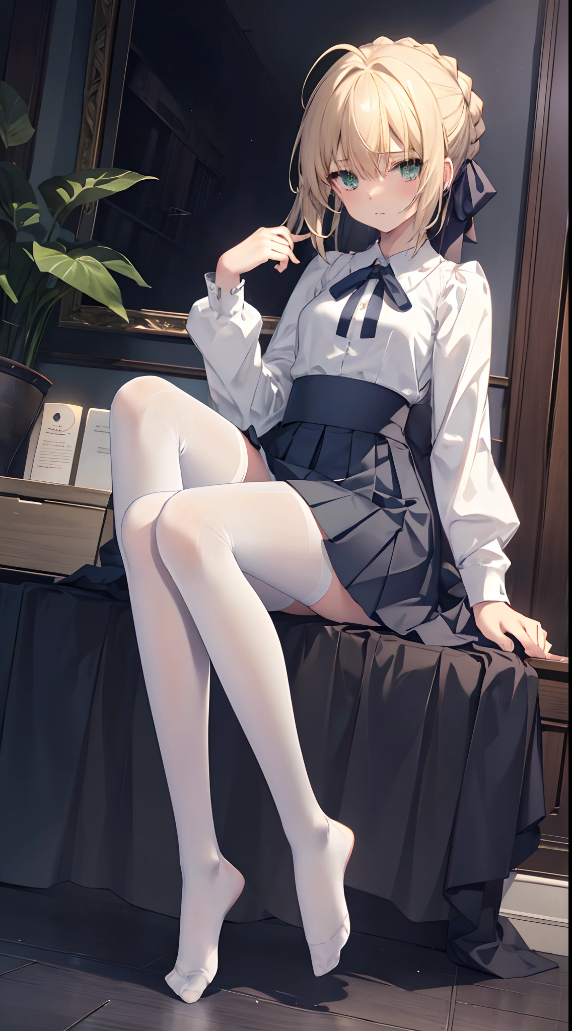 ccsaber, blonde hair, green eyes, ahoge, white shirt, blue skirt, black pantyhose、​masterpiece、top-quality、best、超A high resolution、Full body portrait、intricate-detail、An ultra-fine illustrations、perfect anatomia、Correct anatomy、perfectly proportions、face perfect、Hands are２Boken、perfect hand、The feet are in２Boken、perfect foot、Perfect fingers、Small toes、Precise size and balance of upper and lower body、18year old、Schoolgirl with mature body type、A high school girl with long、***1人、Whole body from head to leg、full body Esbian、small tits、Small toes、Small toes、No shoes、laying on back、M-shaped legs、Opening legs、Inter-strands、Facing the front、Composition from below、Composition from the front、Panchira、Inner thigh-sitting、Sit on the floor with bent knees and legs open、Front-facing、Lower body facing forward、Slender feet、Slender thighs、Slim toes、Lying on a white bed facing the front、Slender feet、legs slightly open、Sleeping in a big letter、Legs are spread、Hands are slightly raised、Panting face about to cry、red blush、Embarrassed look、A slightly sad look、Black_Wearing white panties inside stockings、Wearing white panties inside black transparent stockings、Wearing white panties inside black stockings、Wearing white panties inside black pantyhose、Wearing white panties inside black lace pantyhose、Wearing white panties inside stockings with black lenses、Wearing black light pantyhose and white panties、Wearing black transparent pantyhose and white panties、No shoes、No shoes on、pure white under black stockings,,,_panties on、Panties are visible through a navy blue pleated skirt、Pure white bra、Underwear、Bedrooms、in a house、during daytime、（small tits）、((full body Esbian))、​masterpiece、（top-quality)