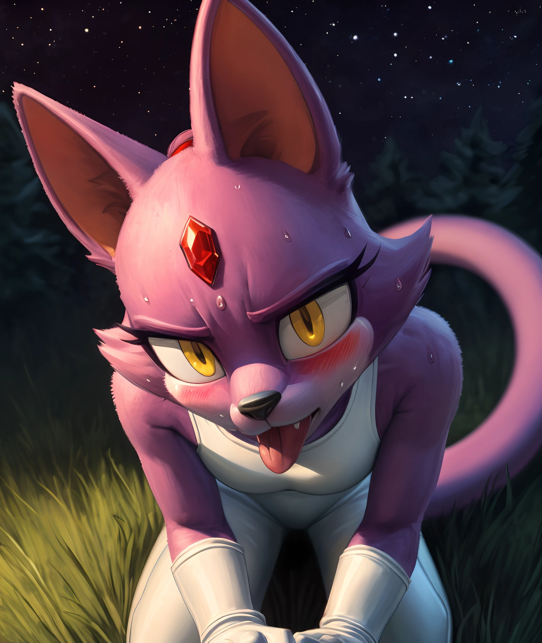 [Blaze the cat], [Uploaded to e621.net; (Pixelsketcher), (wamudraws), (napalm_express)], ((masterpiece)), ((HD)), ((furry)), ((solo portrait)), ((POV)), ((detailed fur)), ((detailed shading)), ((cel shading)), ((beautiful render art)), ((intricate details)), {anthro, (slim figure), purple fur, black nose, cat ears, (cute yellow eyes), (red gem on forehead), long tail, (tied-up hair), (small boobs), (gorgeous hips), (beautiful legs), (sweat on forehead), (blushing), (nervous frown), (tongue out)}, {(white bodysuit), (cleavage), (sleeveless), (tight white spandex leggings), (white fluff-lined gloves), (red-pink fluff-lined boots), (heels)}, {(on grass), (all fours), (on knees), (looking up at viewer)}, [background; (forest), (spruce trees), (nighttime), (starry sky), (ambient lighting)]