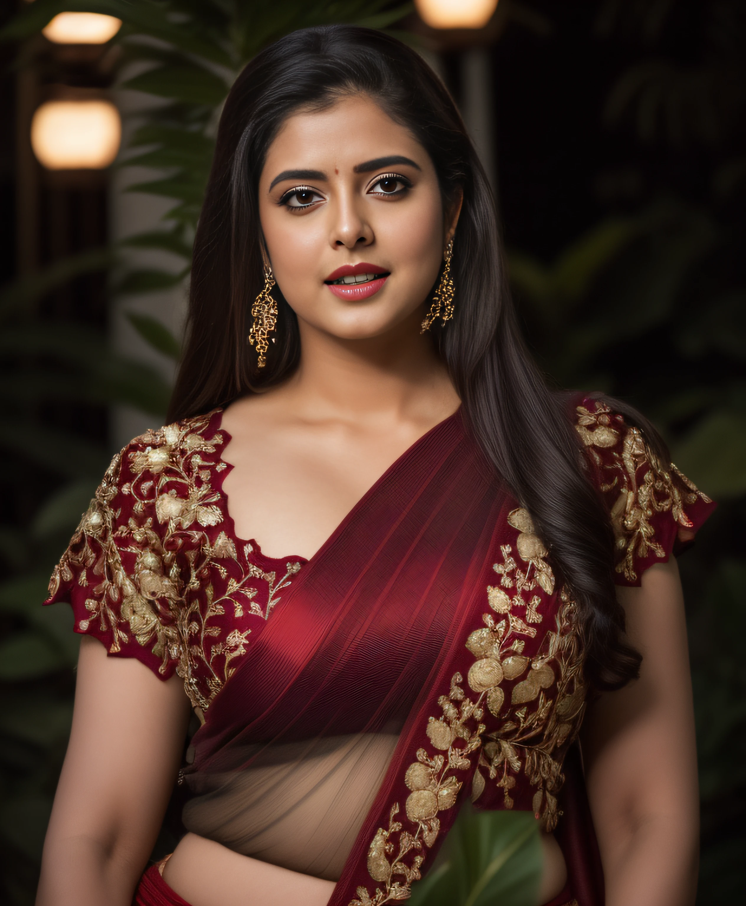 day scene, extreme close up photo of seductive vedhika in red sari, big cheeks, red Hollywood lips, , huge breasts, squatting near shrub in a garden, hourglass figure, armpits, (blue eyes:1), ponytail, necklace, 30 yo, look at viewer and smile, (cinematic:1.3), intricate details, (ArtStation:1.2)