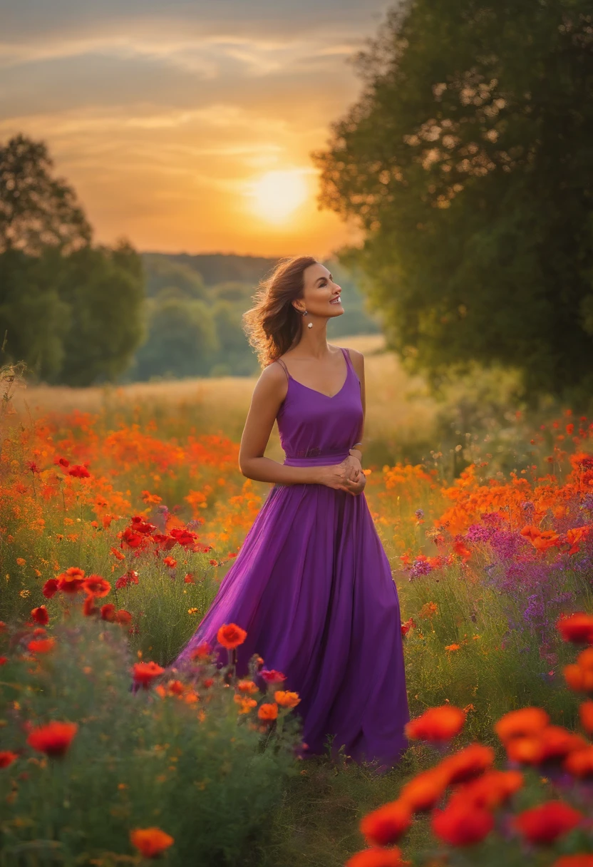 The orange stall is in the front，Fields of vibrant wildflowers come to life in this stunning photo, Every petal blooms with color and vitality. This photo shows a tapestry of the beauty of nature, Pair it with an array of bold reds, amarelo, Purple dances in the scene. The flowers look so vivid and lifelike，It's almost like jumping off the canvas, Create an immersive experience for your audience. This impeccably captured moment captures the essence of a sun-drenched meadow, Immerse the audience in serenity and awe.