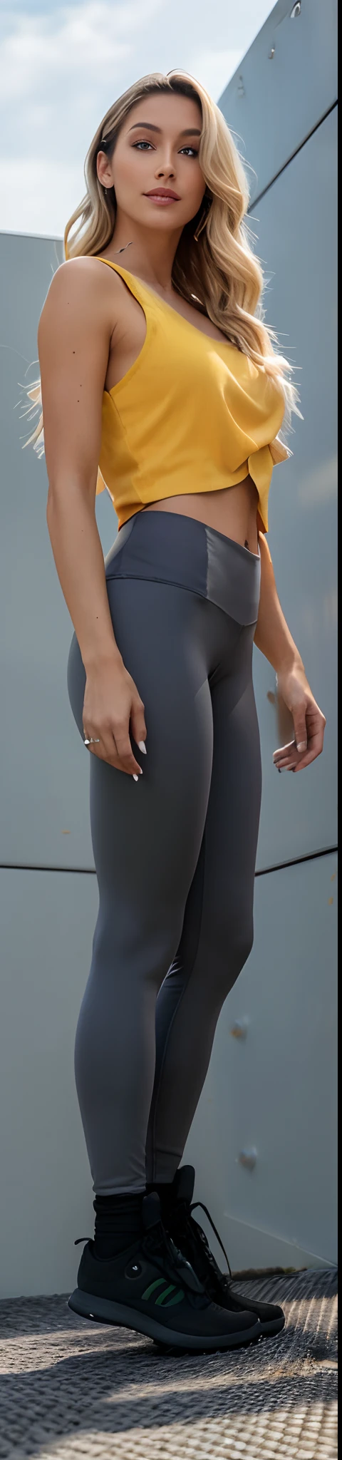 A closeup of a woman in a yellow top and gray pants, Leggings, Leggings, perto de um magro, tights skin, panthyhose, panthyhose, Leggings Pretas, traje apertado, usando roupas simples e apertadas, closeup extremo de corpo inteiro, Coxas fechadas, close-up nas pernas, lacuna na coxa, Leggings pretas, roupa apertada, Slacks