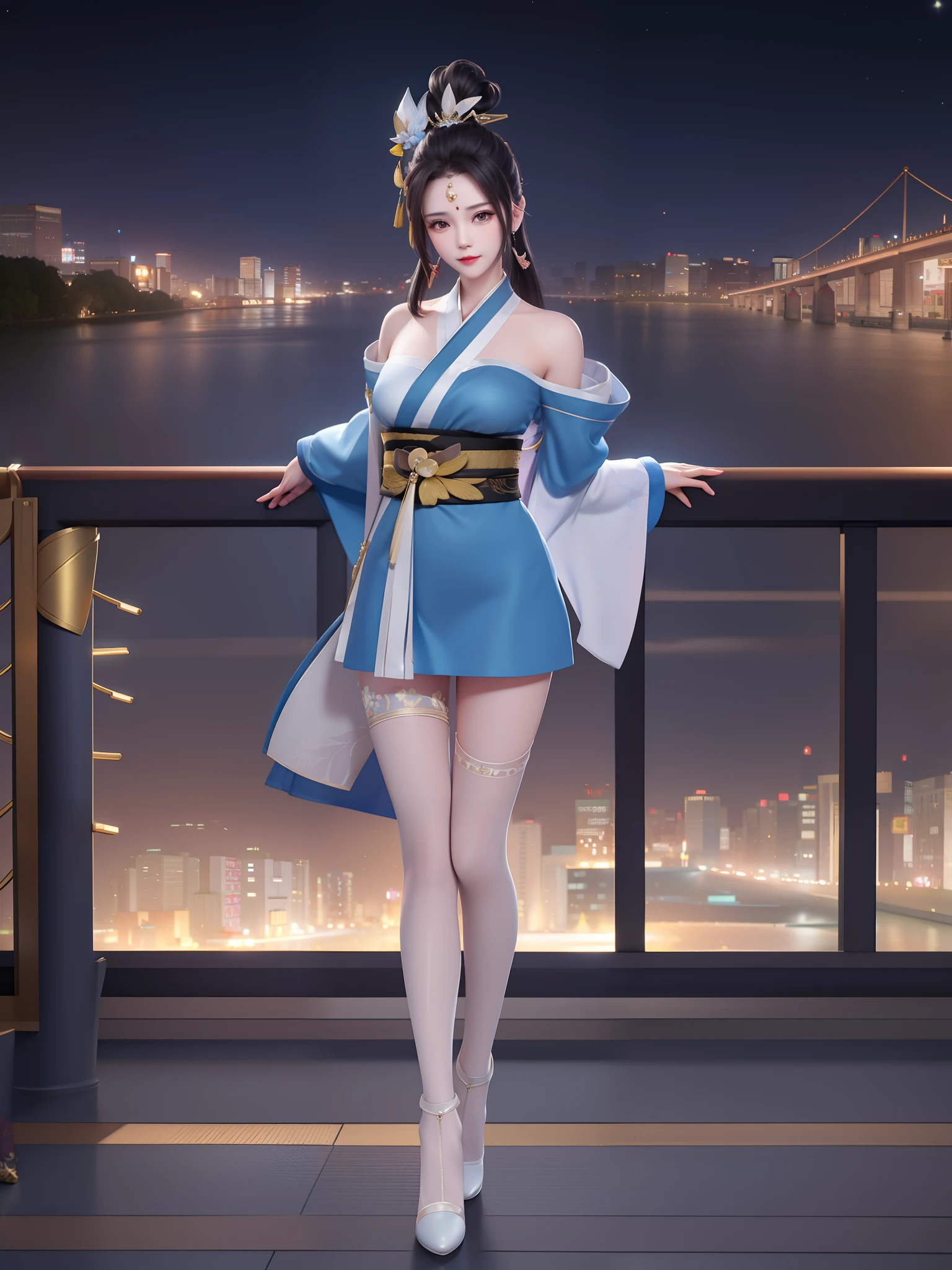 1 Girl,Mature female, Looking at the audience, city View, night, Hair accessories, Long hair, Fake animal ears, skirt,shirt,Garment cutting, Rabbit ears, Separate sleeves,A cute and beautiful girl,Delicate,Peerless Beauty,精致Hair accessories,mercy,(Messy hair),lacy clothing,Soft skin,Fashion,An exquisite painting,Four Leaf Clover Hair Clip,blue,Ultra-high quality,8K,Depth of Field,(Macro lens),Ambient Lighting,emphasize,Full body animation style,comics,High quality throughout the body