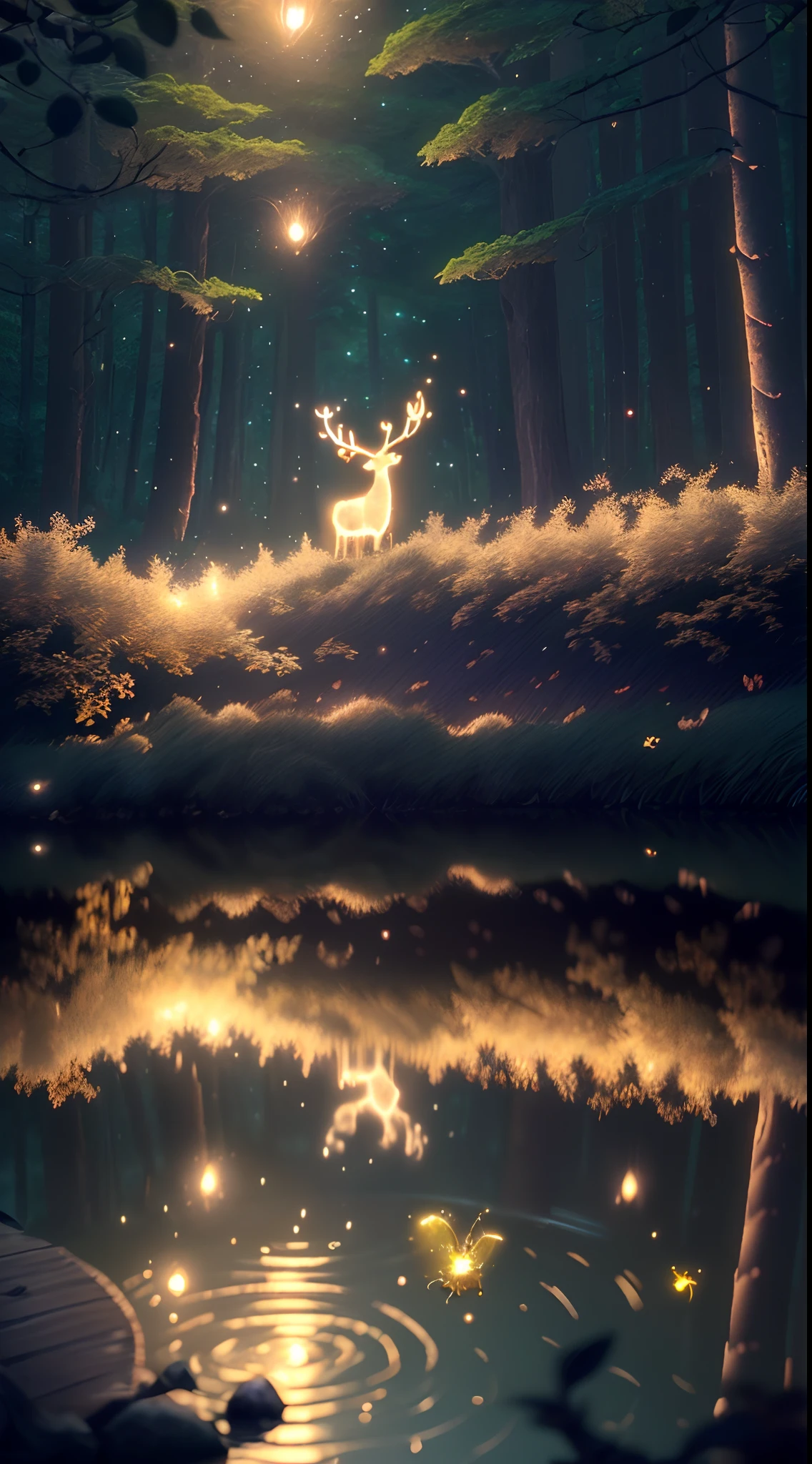 Masterpiece, best quality, (very detailed CG unity 8k wallpaper), (best quality), (best illustration), (best shadows), glow sprite, with a glowing deer, in the swimming pool Drinking water, natural elements in the forest theme. Mysterious forest, beautiful forest, nature, surrounded by flowers, delicate leaves and branches surrounded by fireflies (natural elements), (jungle theme), (leaves), (twigs), (fireflies), (particle effects) etc. 3D , Octane rendering, ray tracing, super detailed