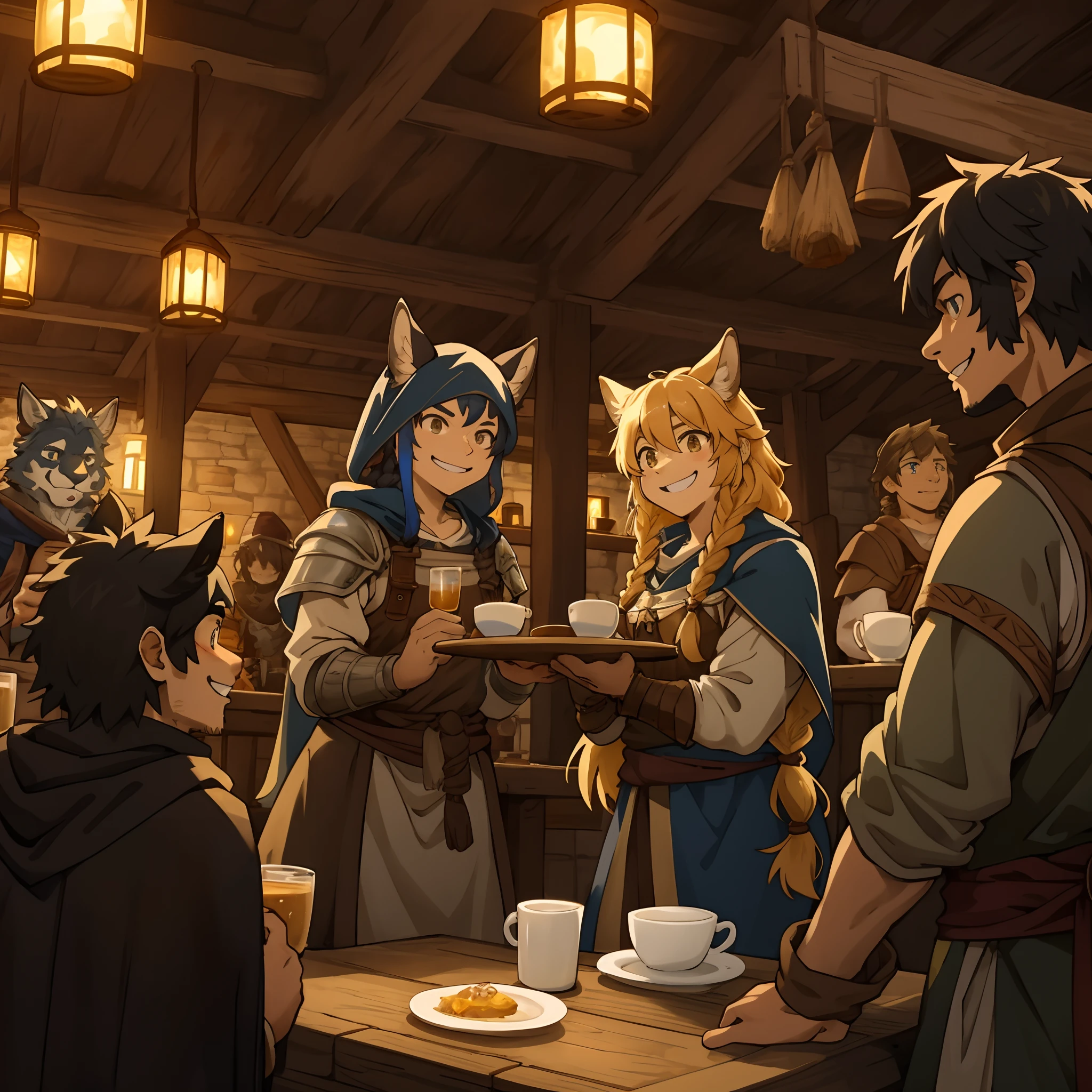 cover_page, In a lively medieval fantasy tavern filled with wooden beams and rustic decor, a group of kemono furry diverse adventurers are seated at a sturdy wooden table, illuminated by dim candlelight, Amidst plates of hearty food and mugs of ale, one adventurer, with distinctive armor and a mischievous grin, attempts to flirt with a young waitress carrying a tray of drinks, She has braided hair and wears a simple dress, and she seems slightly amused by the attention, Opposite him, another member of the group, with a stern expression and a cloak draped over their shoulders, reprimands the flirtatious adventurer, drawing attention to the group's behavior, The scene is captured from a low-angle perspective, emphasizing the grandeur of the tavern and the interactions of its patrons,