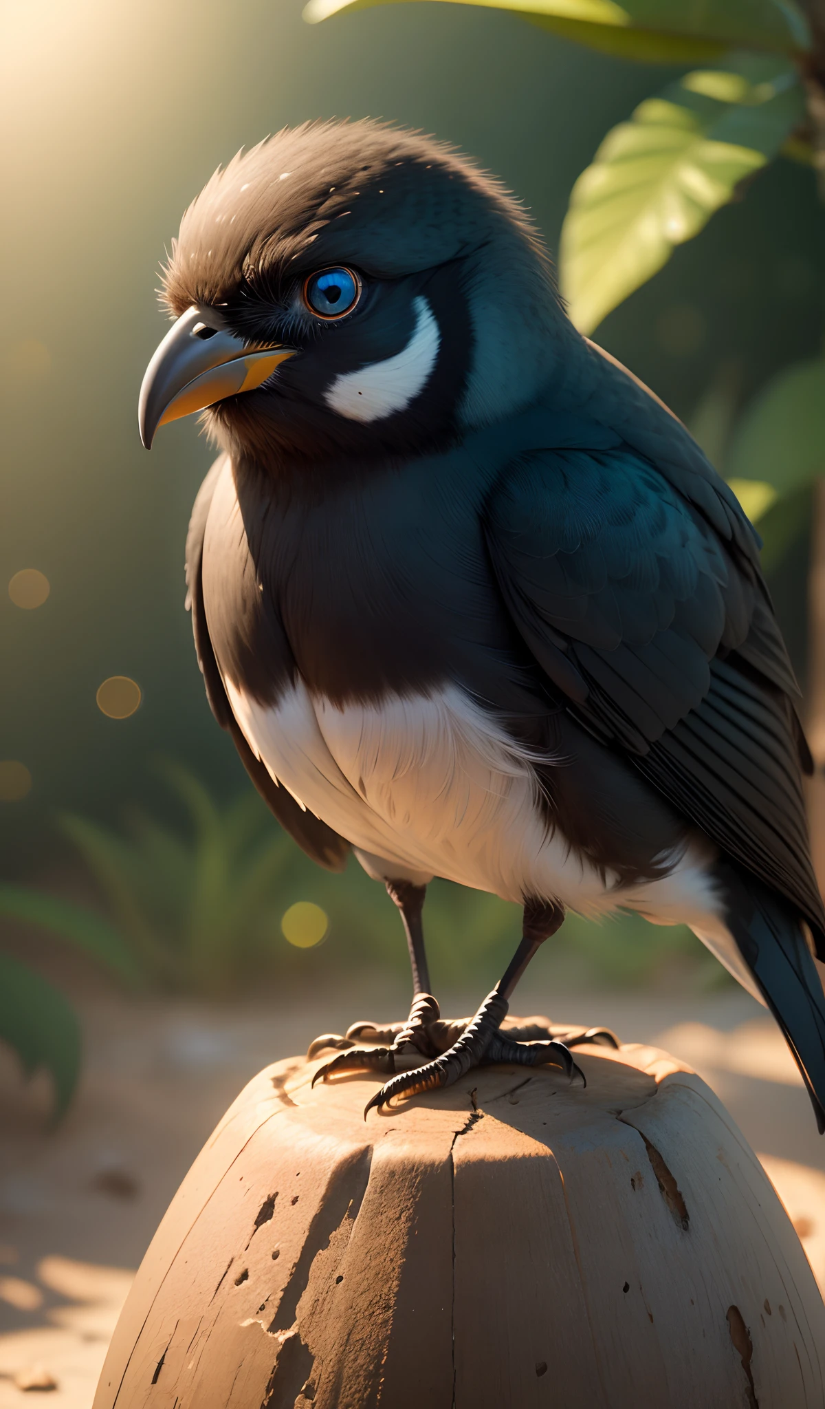 depict  the people of island listening Kauai O'o bird last song, ultra 4 k, close shot ,a black bird with blue eyes, (Pixar style) (Masterpiece:1.2) (Bokeh) (Best quality) (Detailed skin) (Detailed texture) (8K) (clay) (Cinematic lighting) (Sharp focus).