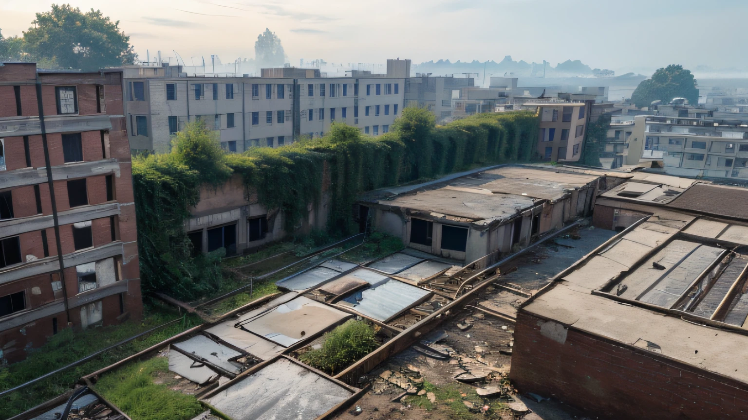 High Quality, Best Picture Quality, Best Quality, High Quality, 8K, 16K, 32K, (Outside an Abandoned Hospital), Night, Dimm, Fear, crumbling brick wall, old hospital, weeds, vines, broken glass windows , broken glass, fog, trees, Ruined ruins all around, perspective, (((Hospital focus))), (((Ultra HD Wallpaper))), (((outdoor))), (((rooftop))), warehouse, Dilapidated materials, scaffolding, (((full shot))), large rooftop