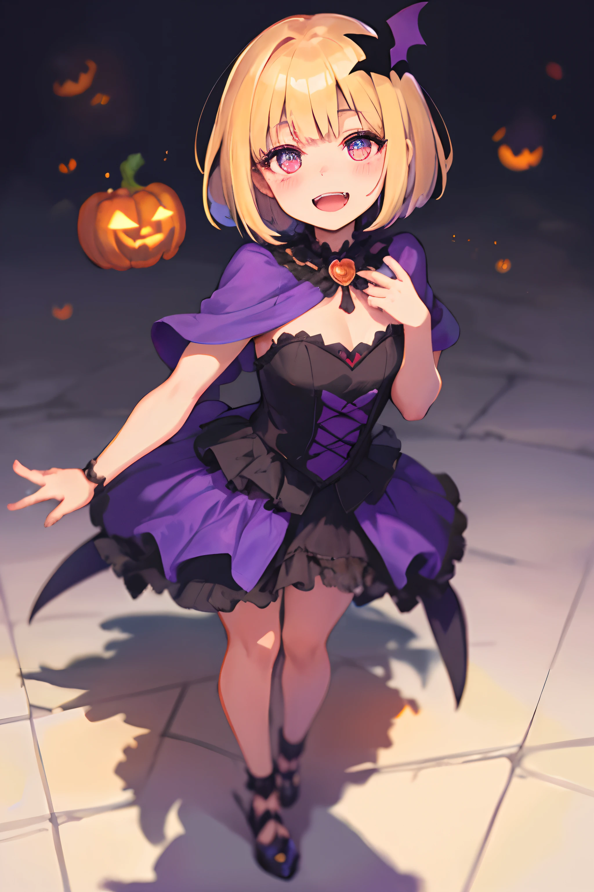 Original Character, Volumetric Lighting, Best Shadows, Shallow Depth of Field, Portrait Of Stunningly Beautiful Girl, Petite, Delicate Beautiful Attractive Face With Alluring Purple Eyes, Broadly Smiling, Open Mouth, Fangs Out, short bob Blond Hair, Blush Eye shadow, Thick Eyelashes, Halloween, stylish, Standing, full body shot, (Highest Quality, Amazing Details:1.25), (Solo:1.3), Brilliant Colorful Paintings