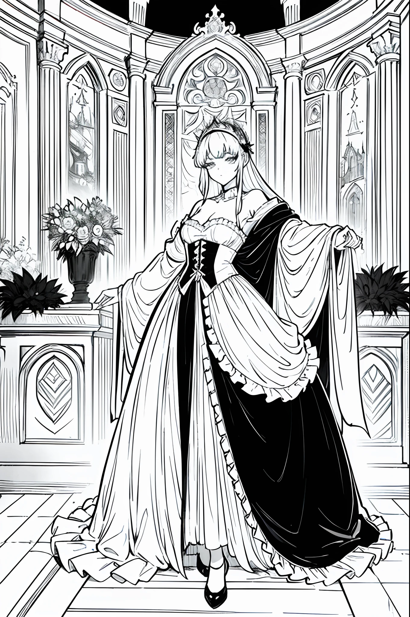 superbe femme, robe longue, 1 girl solo, decor avec chateau renaissance, lineart, black and white, monochrome, avec hachures, style manga, ambiance halloween, jambe denudee, prestigieuse femme fatale, beau visage, details, cadrage sur le haut du corps seulement