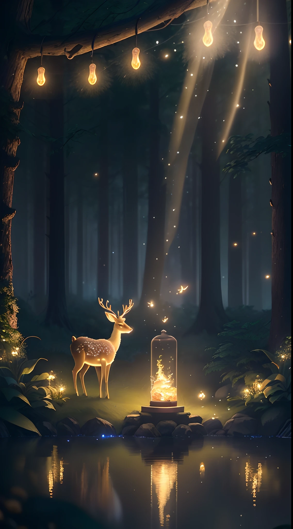 Masterpiece, best quality, (very detailed CG unity 8k wallpaper), (best quality), (best illustration), (best shadows), glow sprite, with a glowing deer, in the swimming pool Drinking water, natural elements in the forest theme. Mysterious forest, beautiful forest, nature, surrounded by flowers, delicate leaves and branches surrounded by fireflies (natural elements), (jungle theme), (leaves), (twigs), (fireflies), (particle effects) etc. 3D , Octane rendering, ray tracing, super detailed