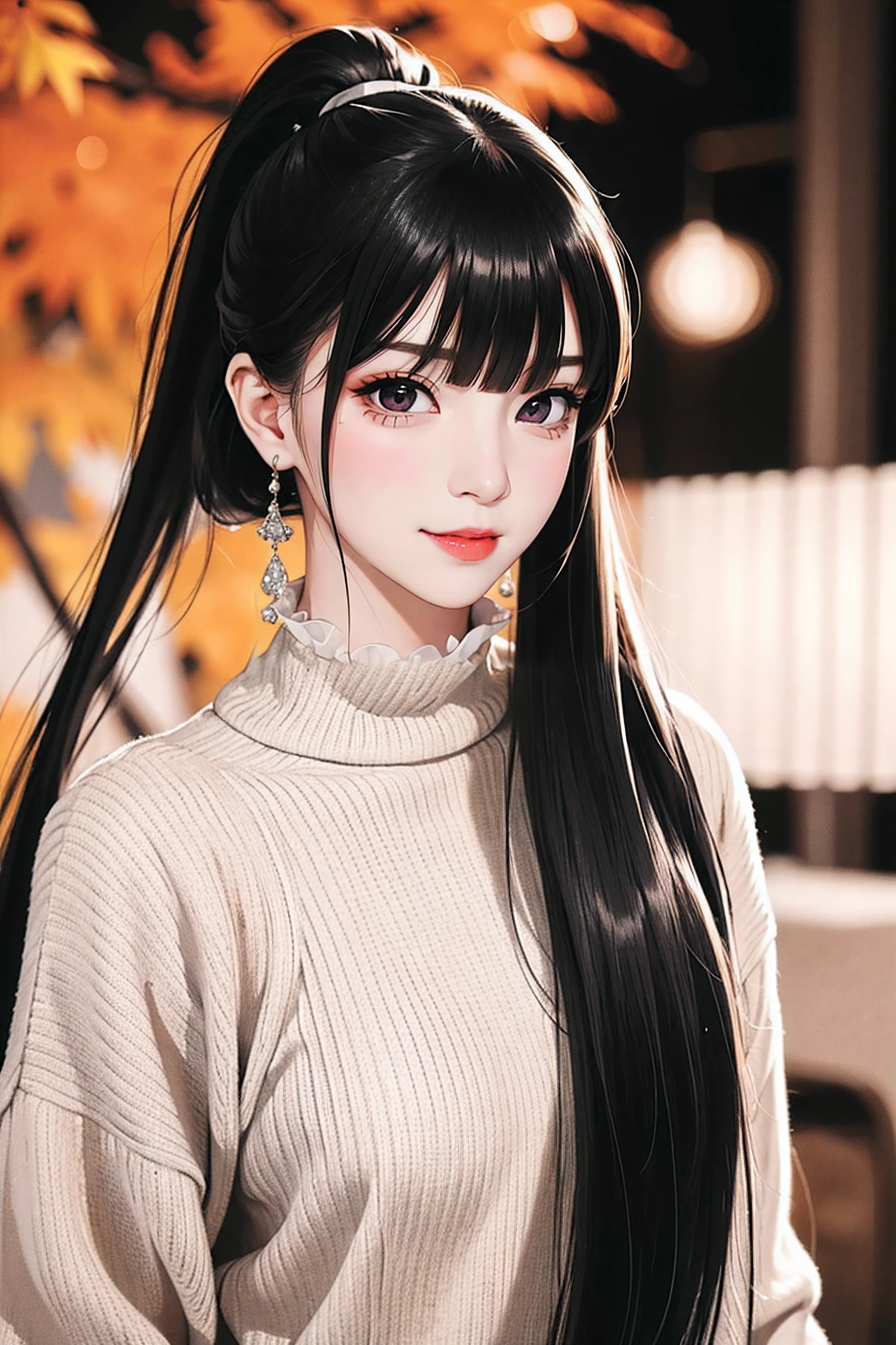 ((Classic dull bangs:1.1)),Hairstyles with dull bangs, Round face with dull bangs, dull bangs korean, Aesthetic Korean bangs,  Blunt has long hair with bangs cut straight,((High Ponytail:1.5)),(((Blunt bangs,Straight bangs:1.1))),(((Very long black hair, Ridiculously long black hair:1.1)))1girl in, Fashion Model, Solo Focus, Cowboy Shot, ((scornful)), ((scornful)), earrings, Black eyes, Bangs, turtle necked sweater, Mole, (Sweat), masutepiece, Best Quality, ultra-quality, High quality, Realistic, photographrealistic, Raw photo, Hyper Detailed, intricate-detail, Autumn, Blurry background,